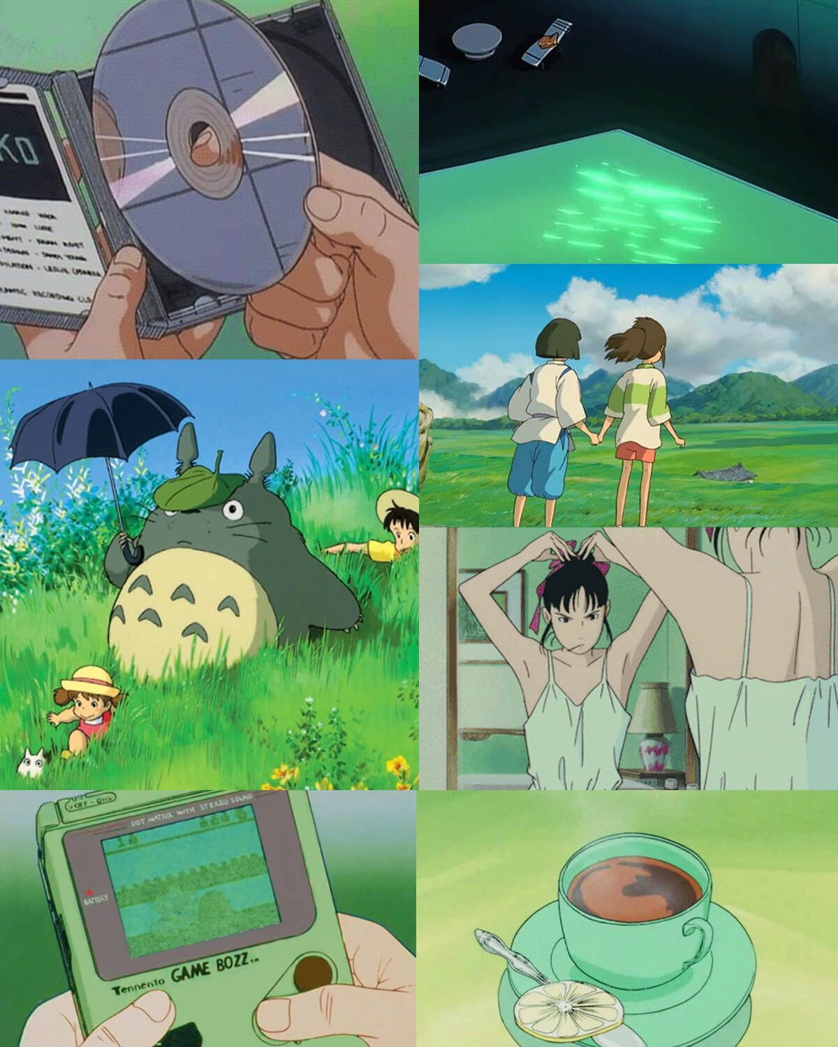 A collage of stills from My Neighbor Totoro, including a girl and boy walking through a field, a CD, a cup of coffee, and a Game Boy. - Soft green