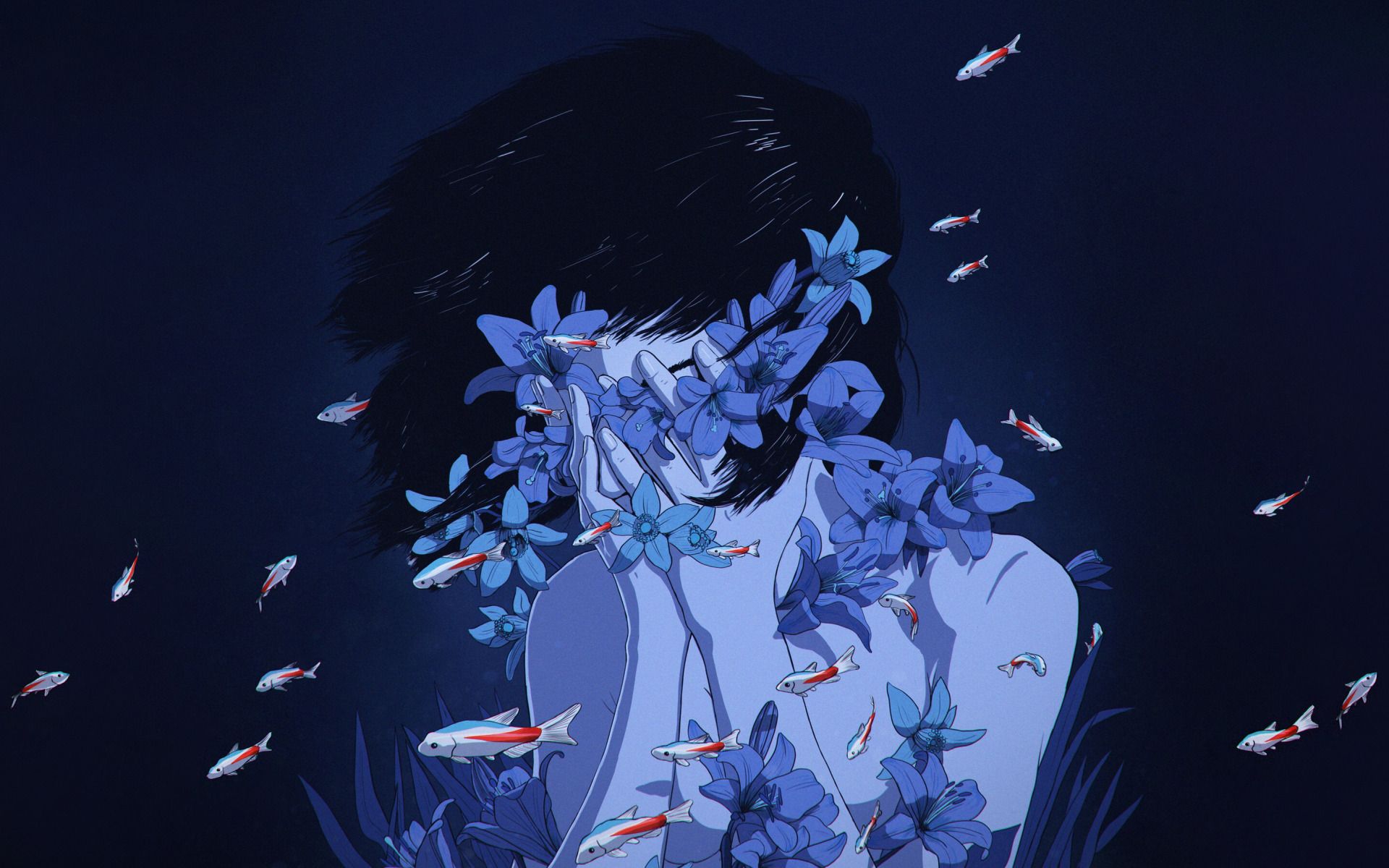 A woman with flowers in her hair - Blue anime