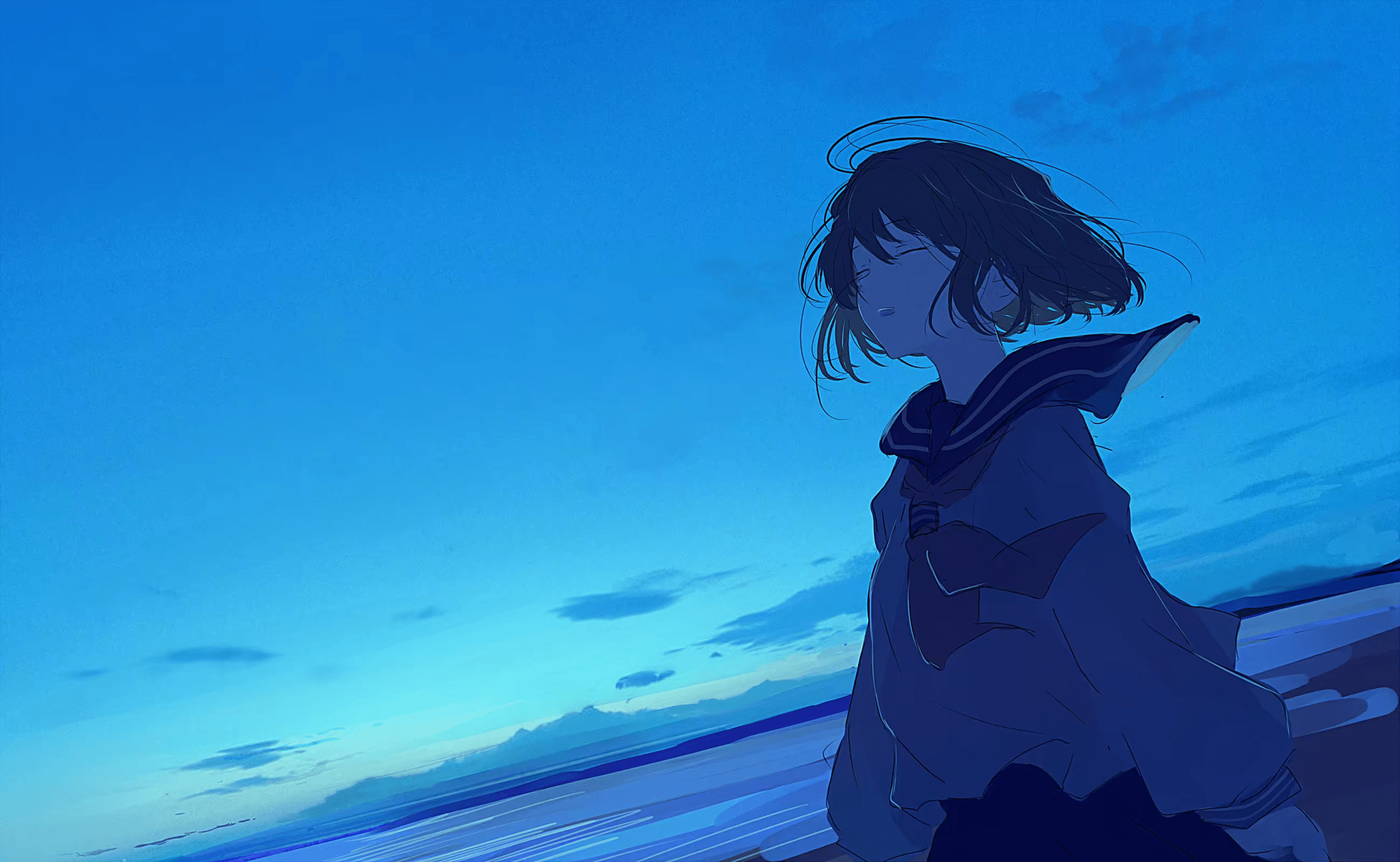 A girl standing on the beach at night - Blue anime