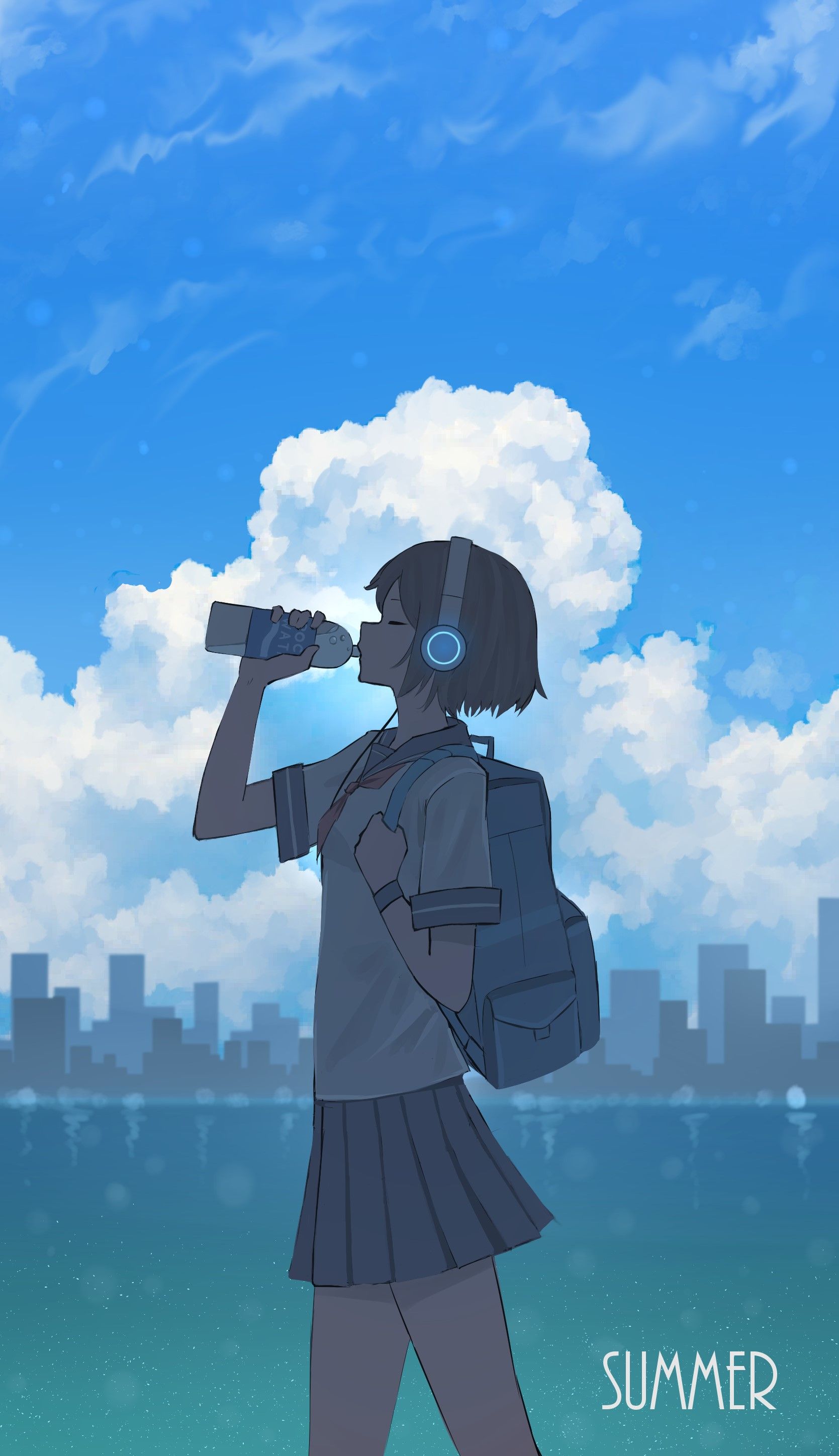 A girl is drinking water while looking at the sky - Blue anime