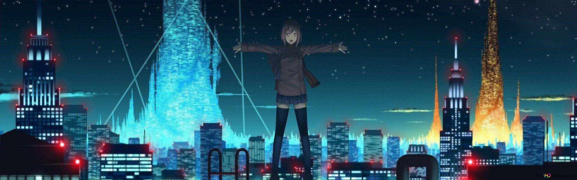 Anime city night sky with a person standing on the edge of it - Blue anime