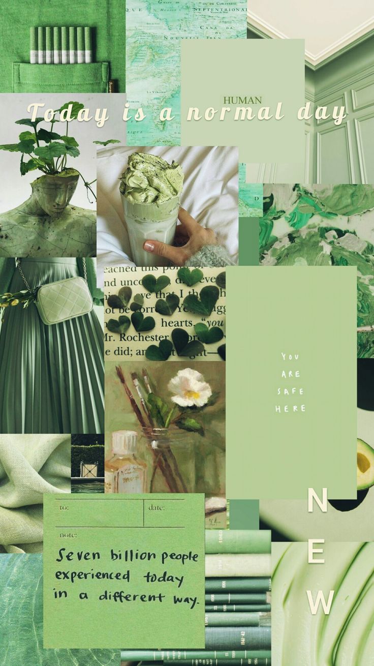 A collage of green aesthetic images including books, plants, and a hand holding a shamrock. - Green
