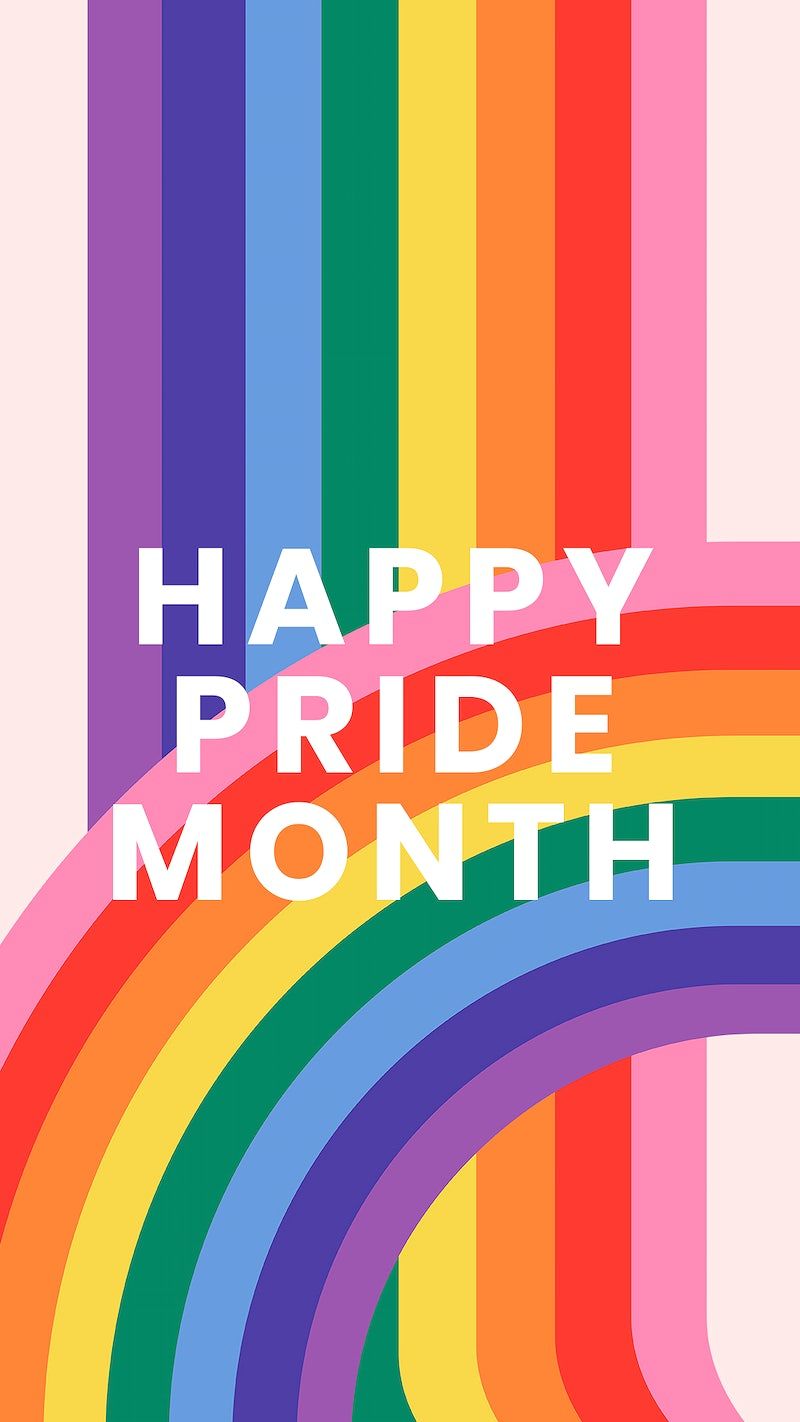 A rainbow colored background with the words happy pride month - Pride, pansexual