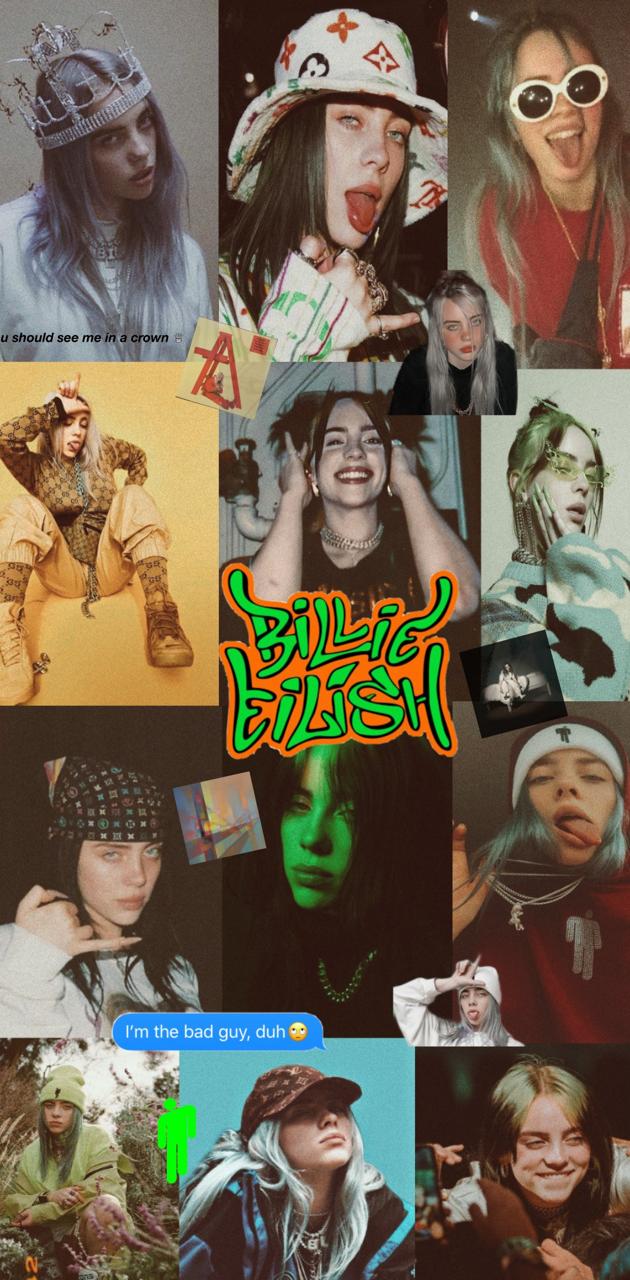 A collage of pictures with different people in them - Billie Eilish