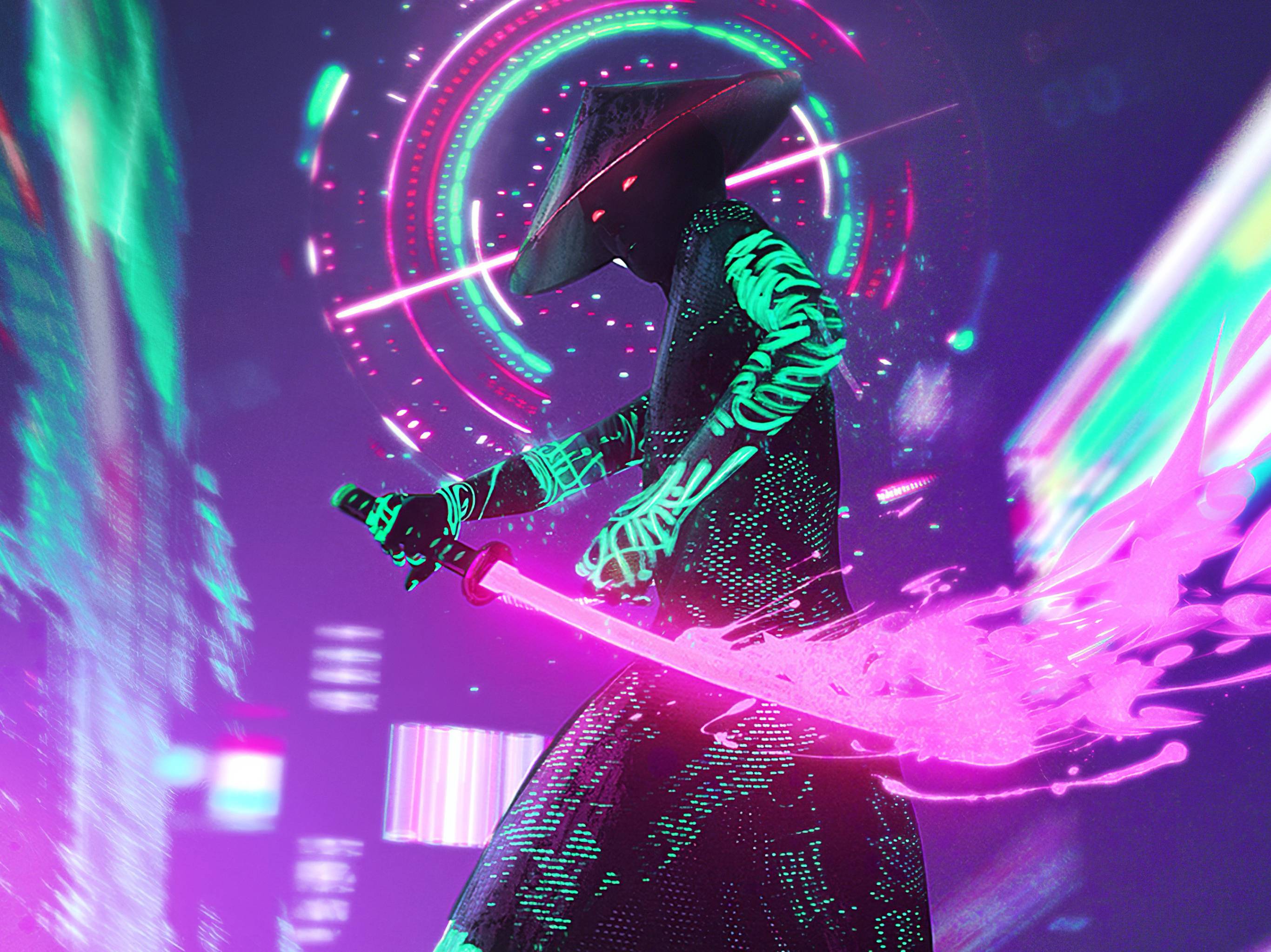 A character in a black robe and a plague doctor mask holds a glowing sword in a purple neon city. - Cyberpunk, samurai
