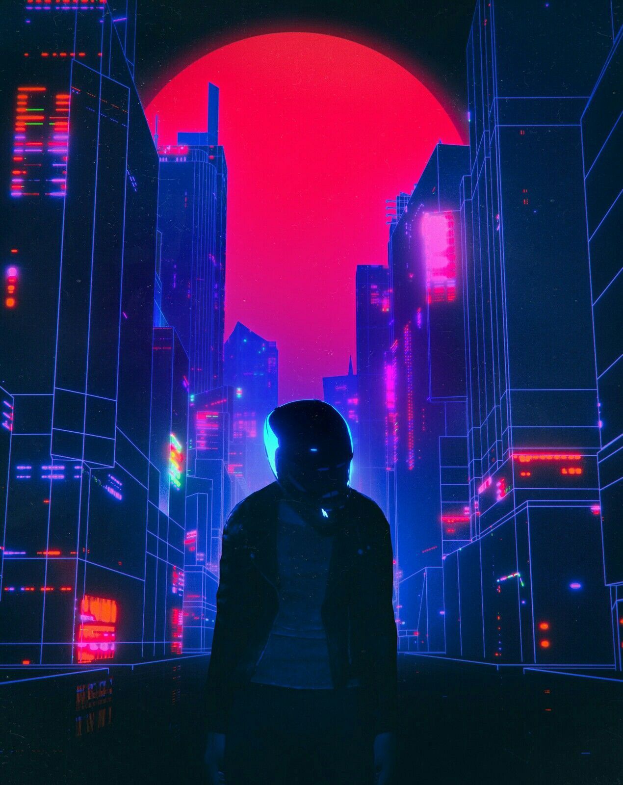 A man in a suit and helmet standing in a neon city - Cyberpunk