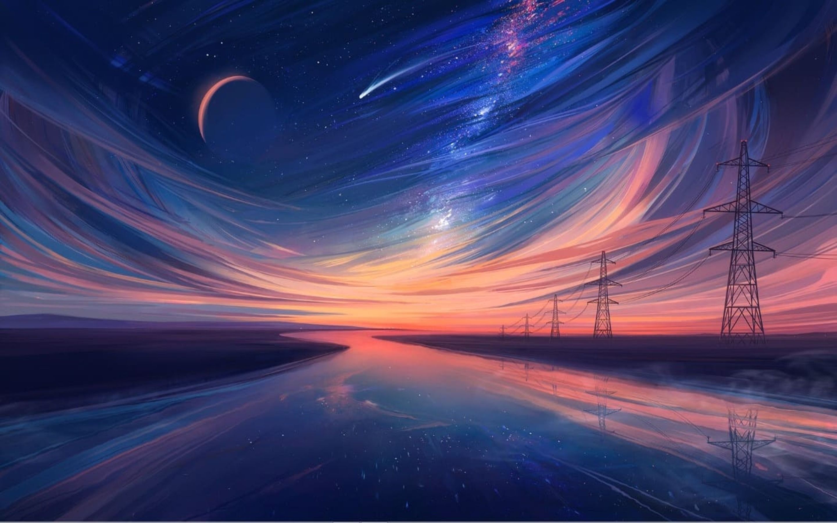 A painting of a sky with stars, a planet, and a shooting star. - MacBook, landscape