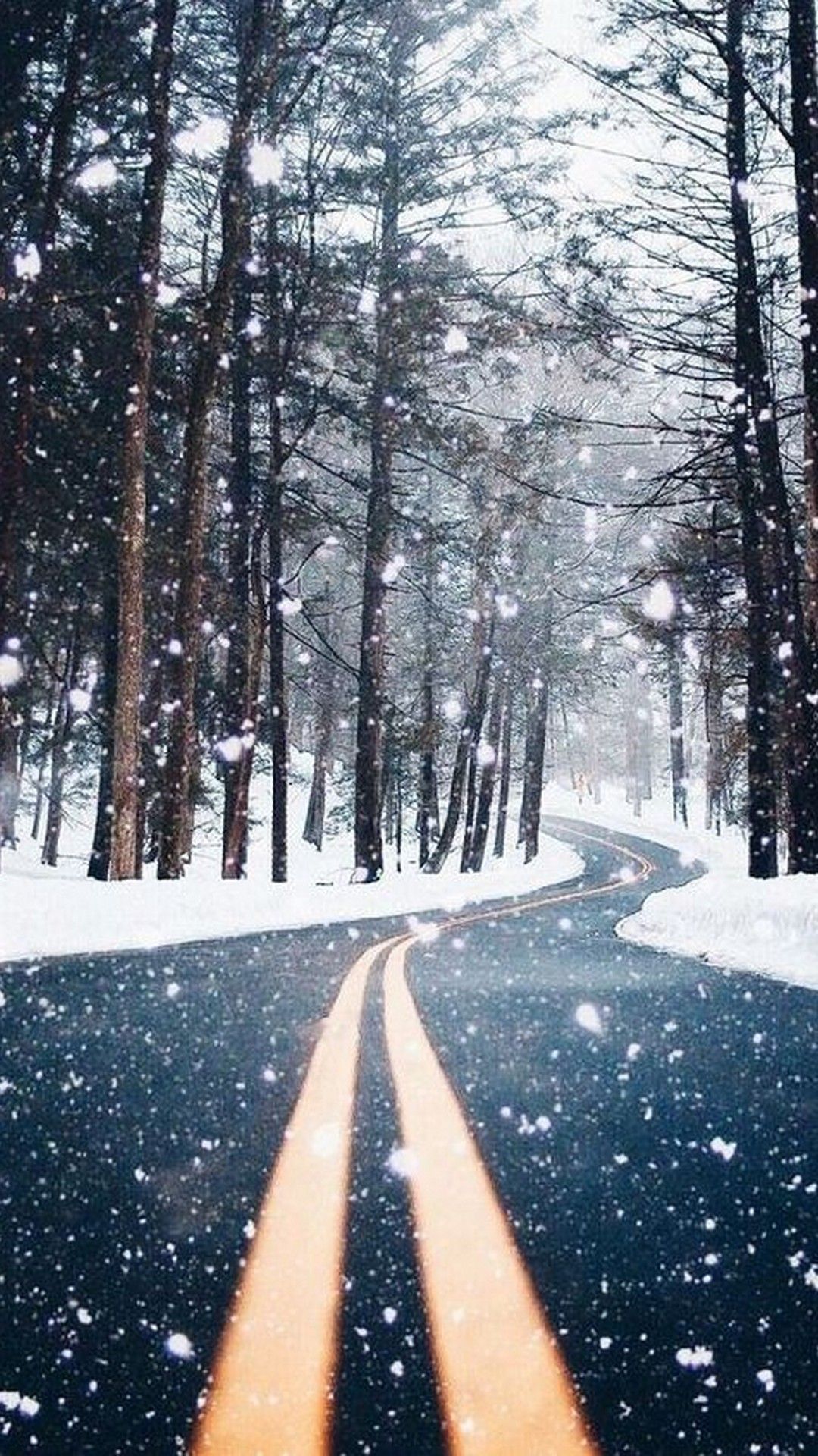 IPhone wallpaper of a snowy road in the woods - Winter, road, snow, Los Angeles, woods