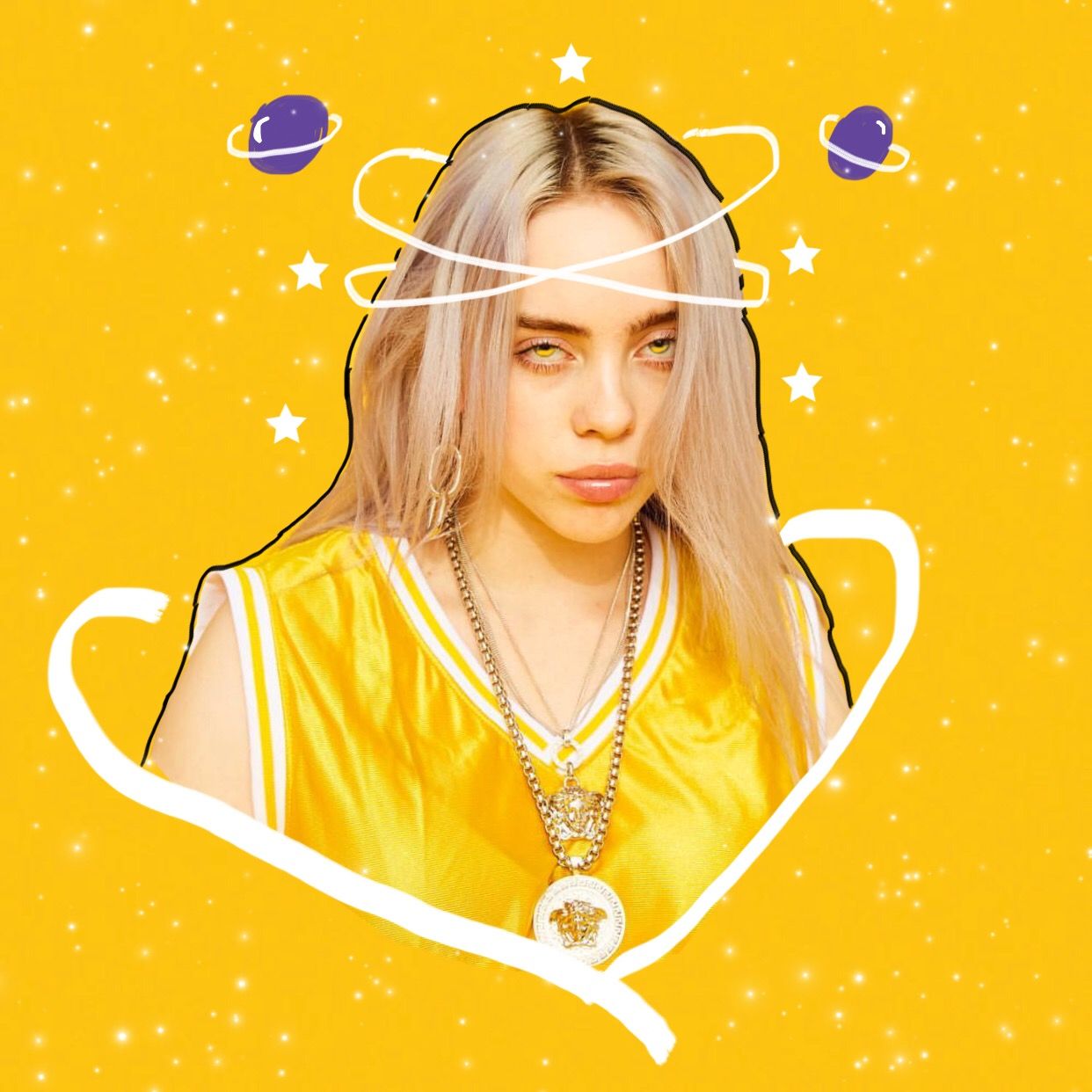 Billie Eilish with a yellow background and white heart outline - Billie Eilish