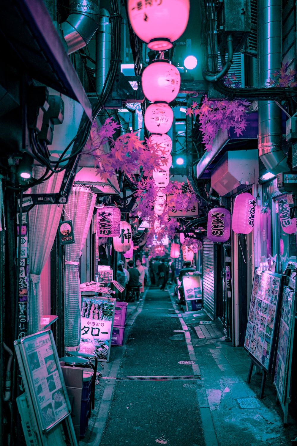 A street in Tokyo at night with pink and purple lights - Cyberpunk, city