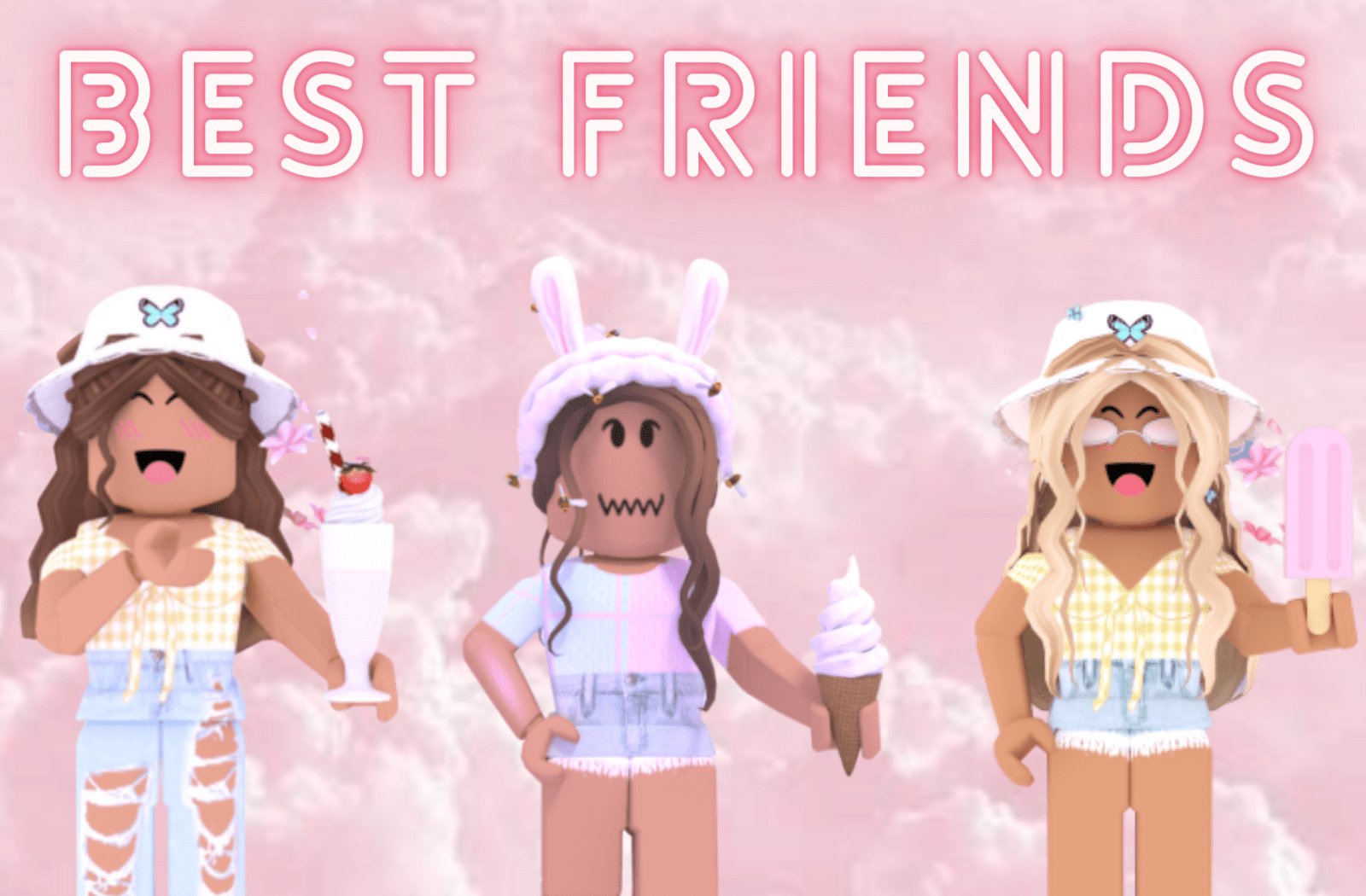 Robloxian girls with ice cream in front of a pink background - Roblox