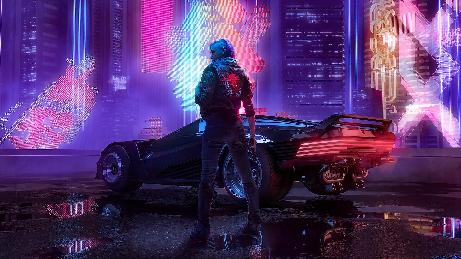 A woman in a leather jacket stands in front of a car with neon lights - Cyberpunk
