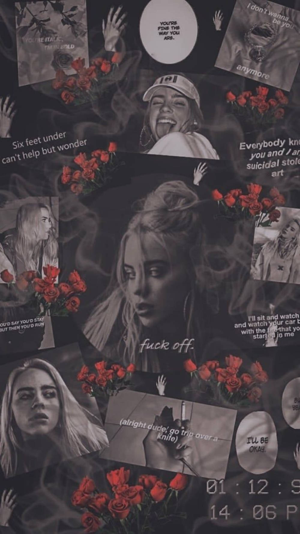 Download Aesthetic Billie Eilish Black And White With Roses Wallpaper