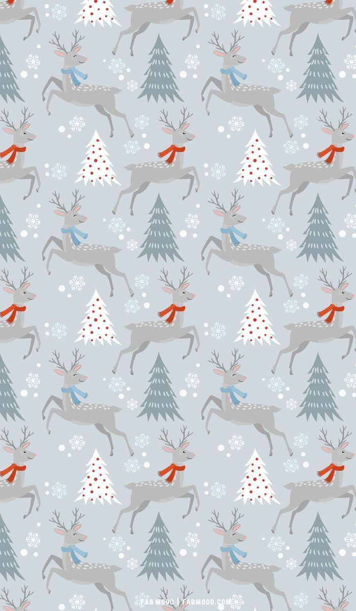 Christmas background, blue background, with white snowflakes, cute christmas wallpaper, with grey deers, wearing red and blue scarfs - Winter, cute Christmas, candy, cute, Christmas, snow, pattern, December, January, white Christmas, warm, cool