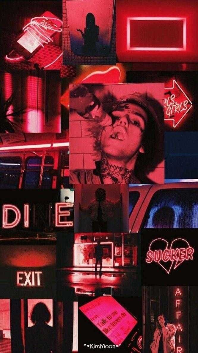 Red aesthetic background with neon signs and a woman's face - Lil Peep