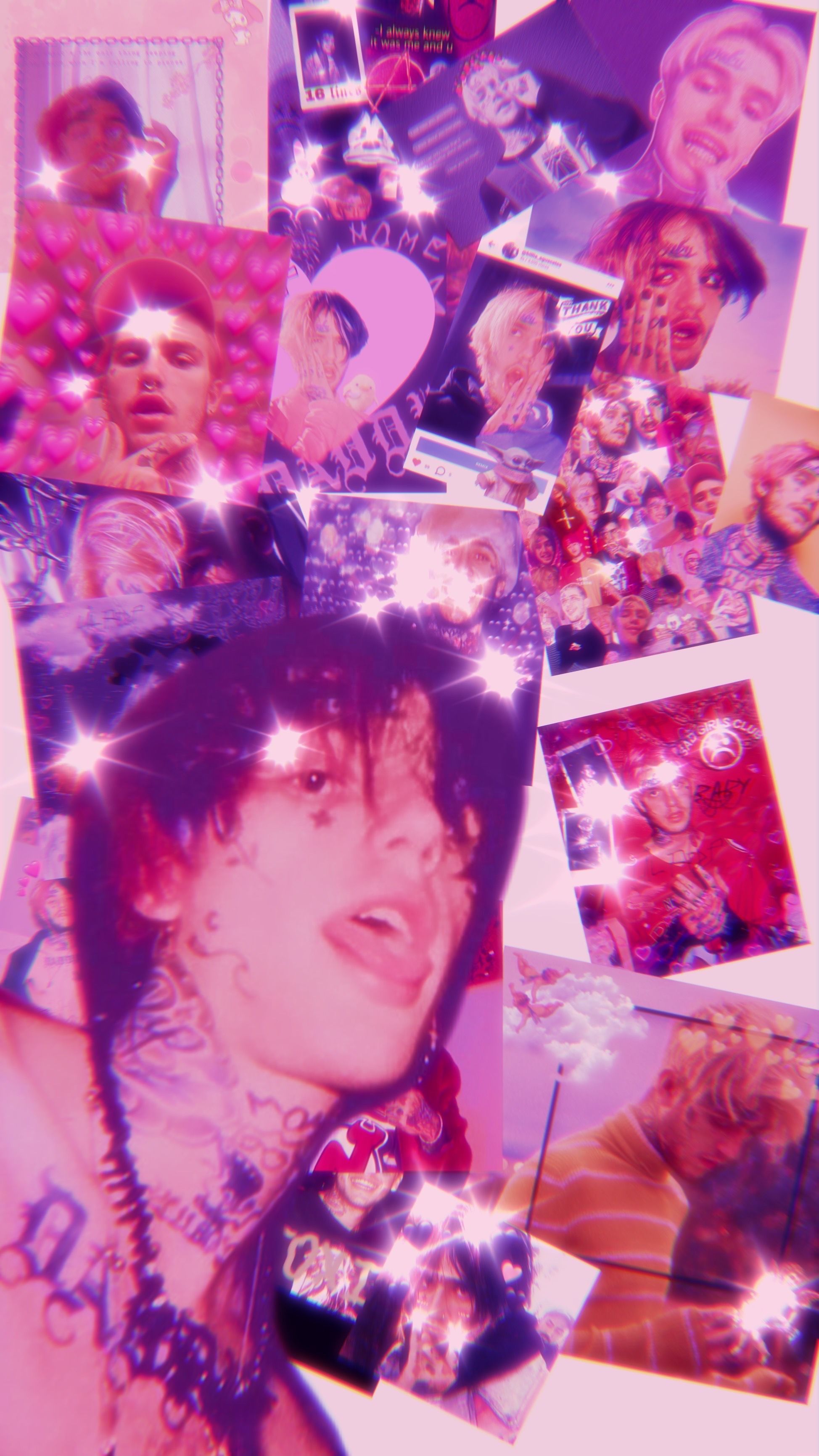 Collage of purple and pink images of Lil Peep, a white male with black hair and tattoos. - Lil Peep