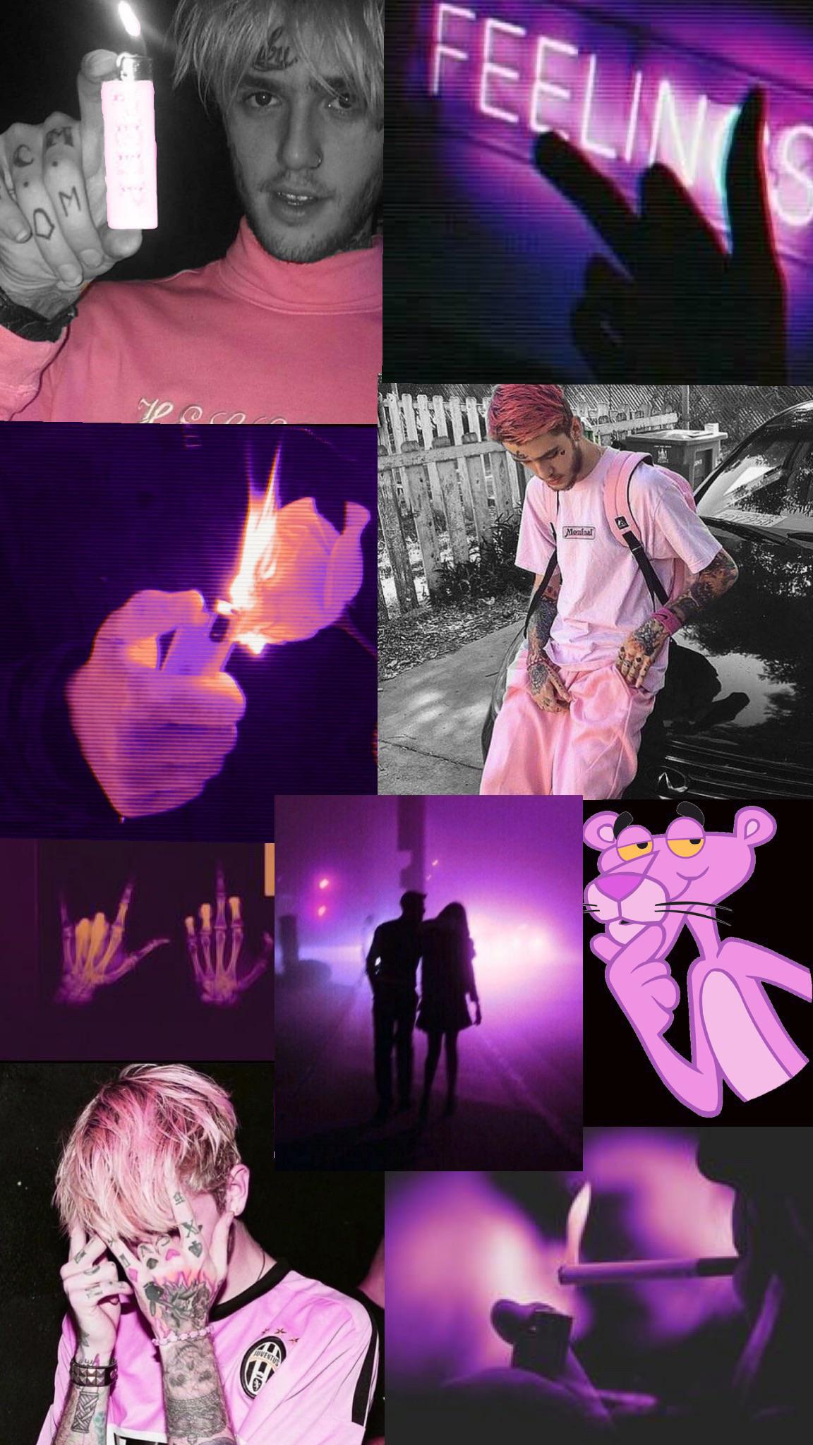 A collage of pictures with pink and purple backgrounds - Lil Peep
