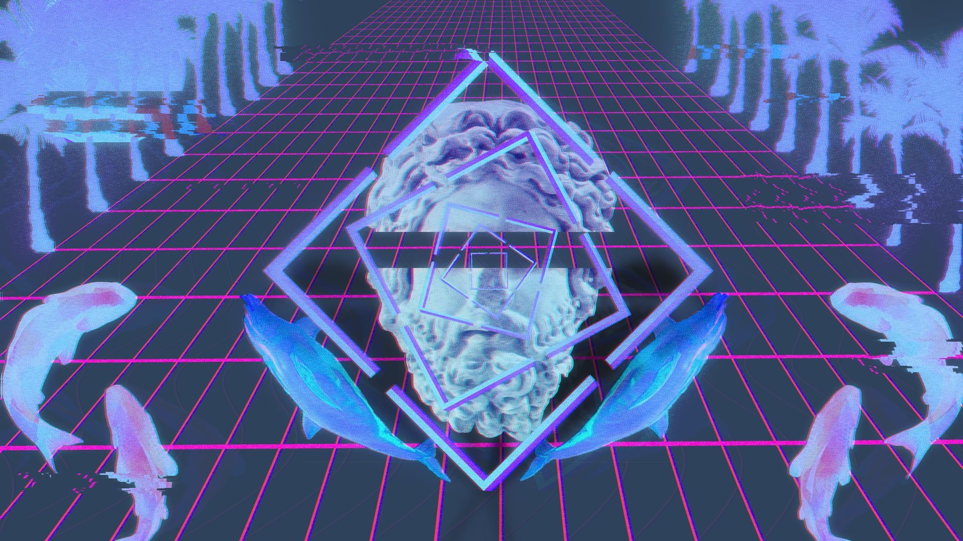 A digital image of a brain in a diamond-shaped frame, surrounded by fish and a grid background. - Glitch