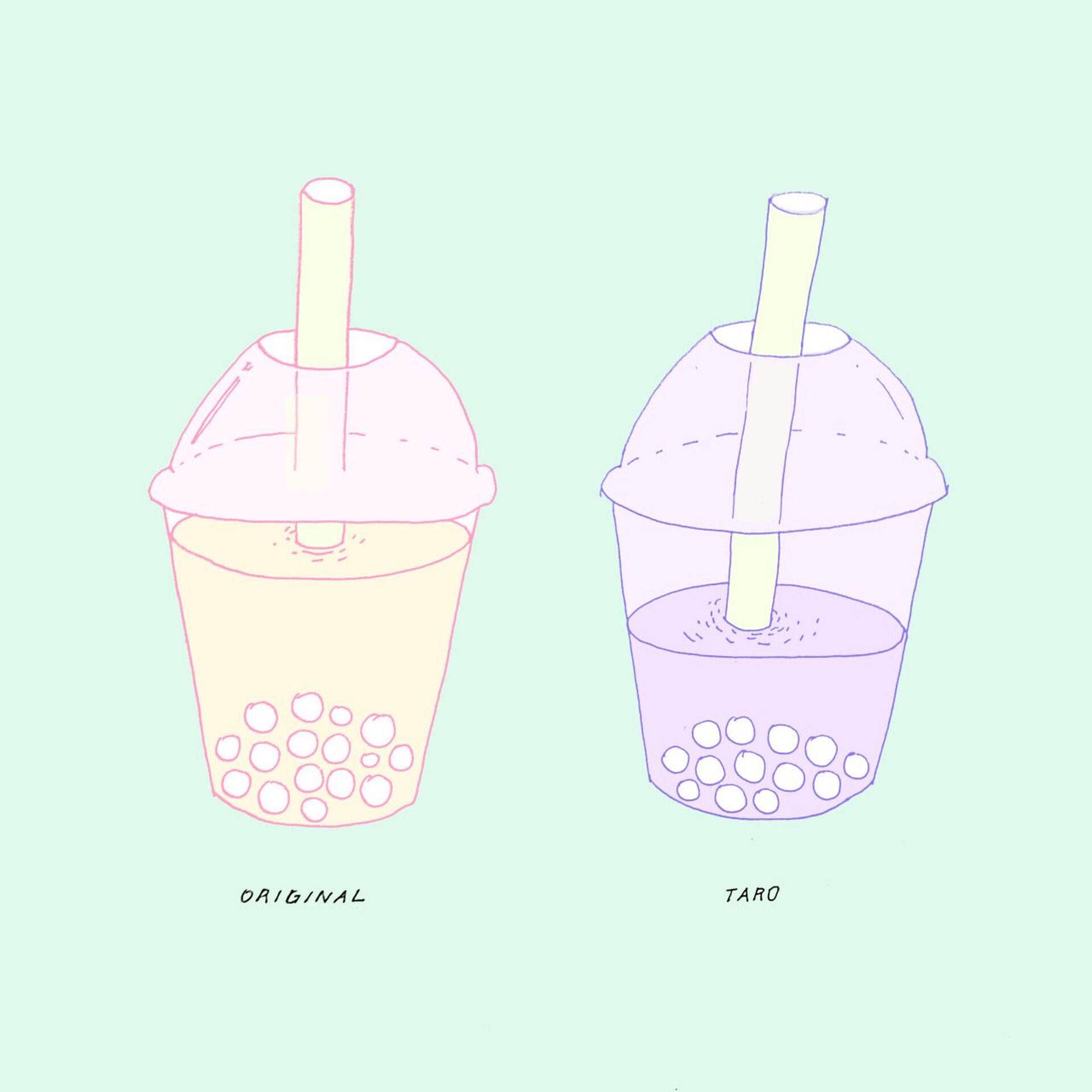 Two bubble tea cups, one original and one taro, on a green background - Boba