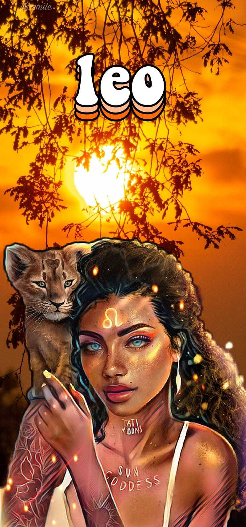 A Leo wallpaper featuring a beautiful girl with a lion cub behind her and the sun in the background - Leo