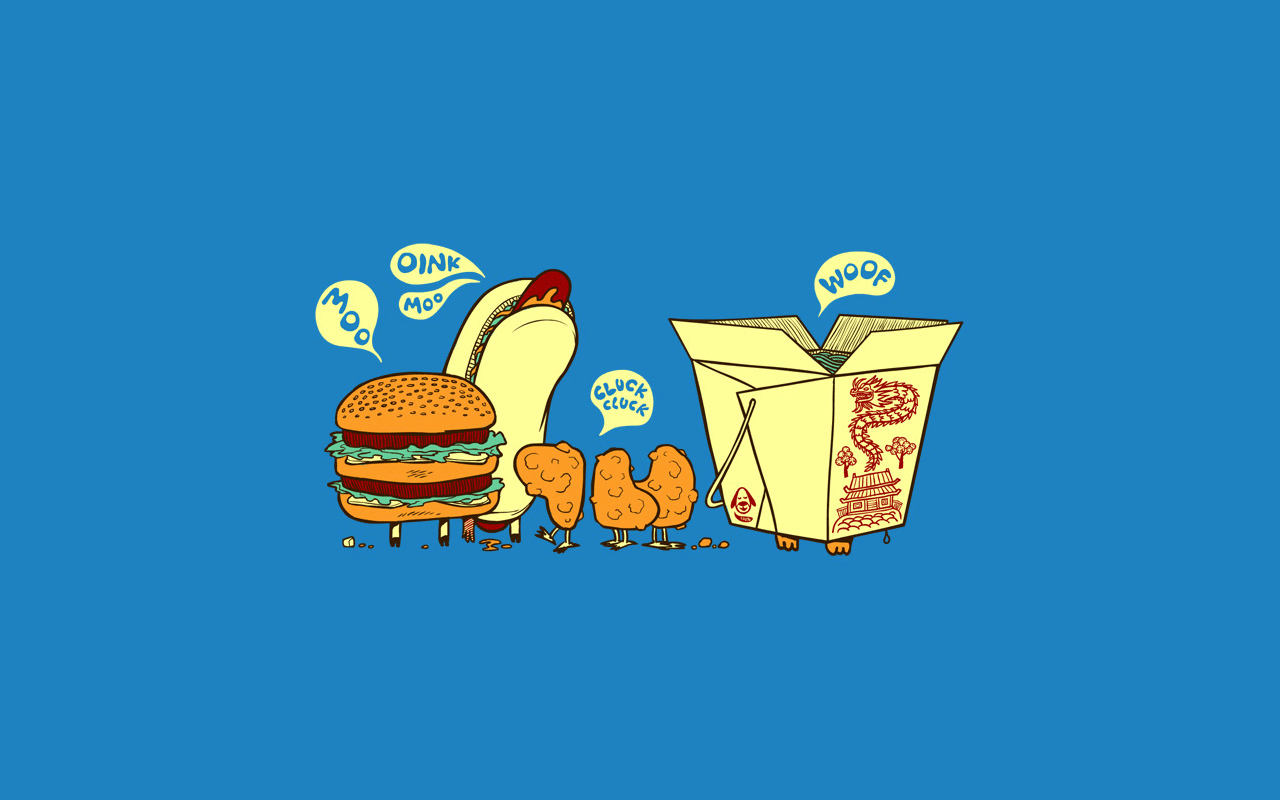 A cartoon drawing of a burger, hot dog, chicken wings and Chinese food, with speech bubbles saying 'Oink', 'Moo', 'Cluck' and 'Woo' coming out of them. - Foodie