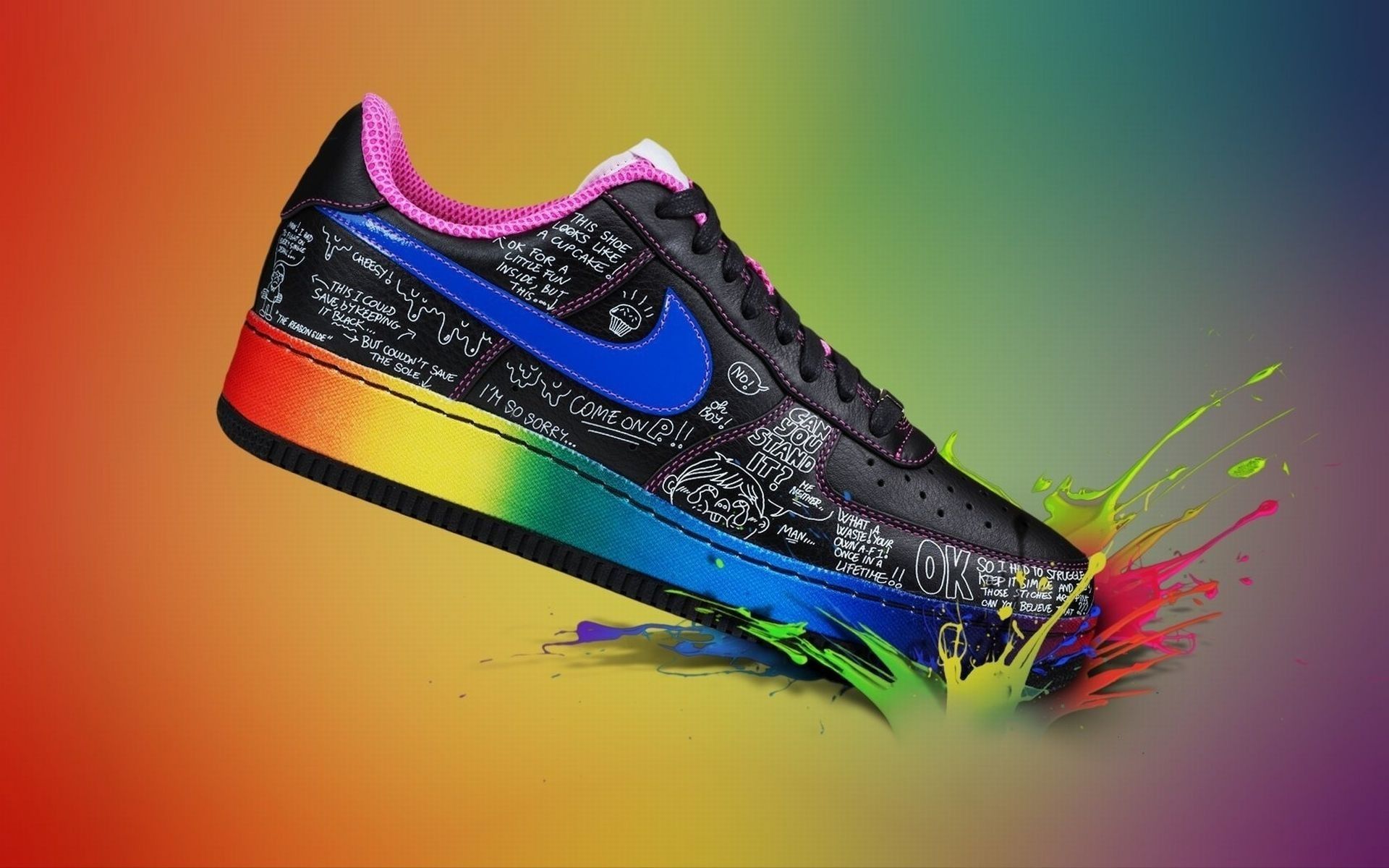 A black Nike Air Force 1 sneaker with rainbow color accents and writing on the side. - Nike