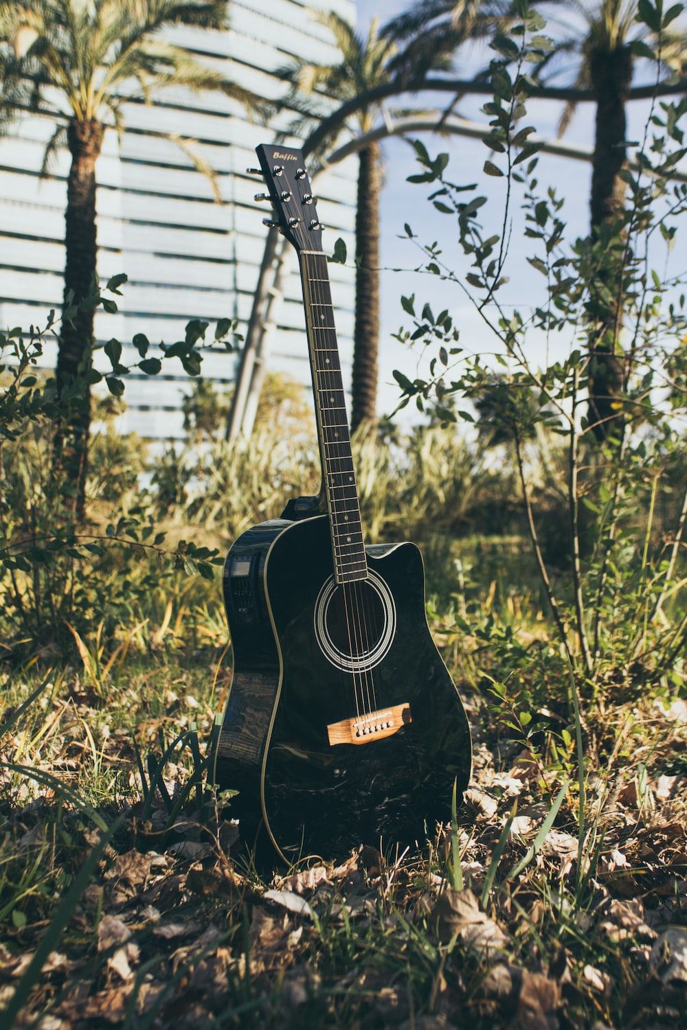 A black acoustic guitar in the grass. - Guitar