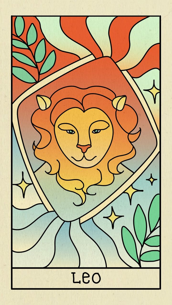 Illustration of a lion with a sun and stars behind it - Leo