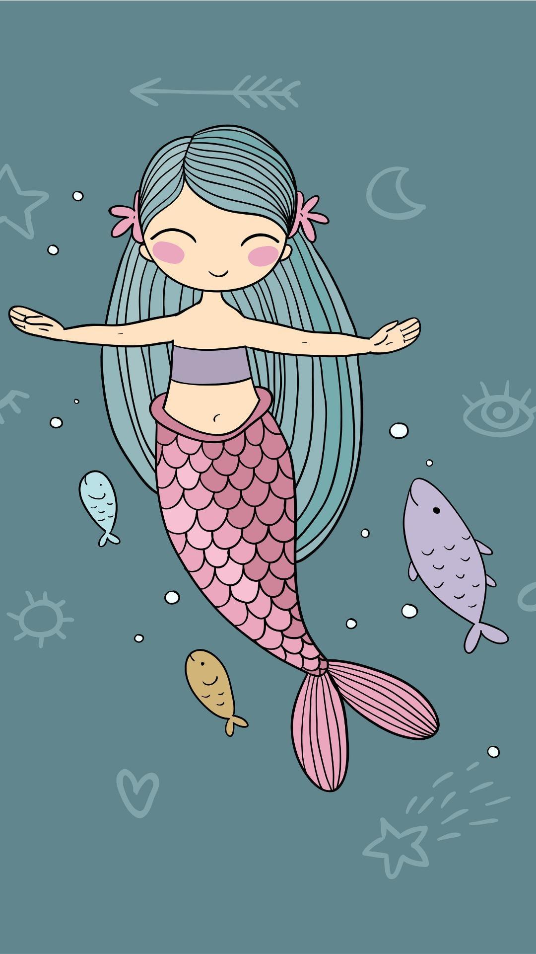 A mermaid with long hair and fish swimming in the water - Mermaid