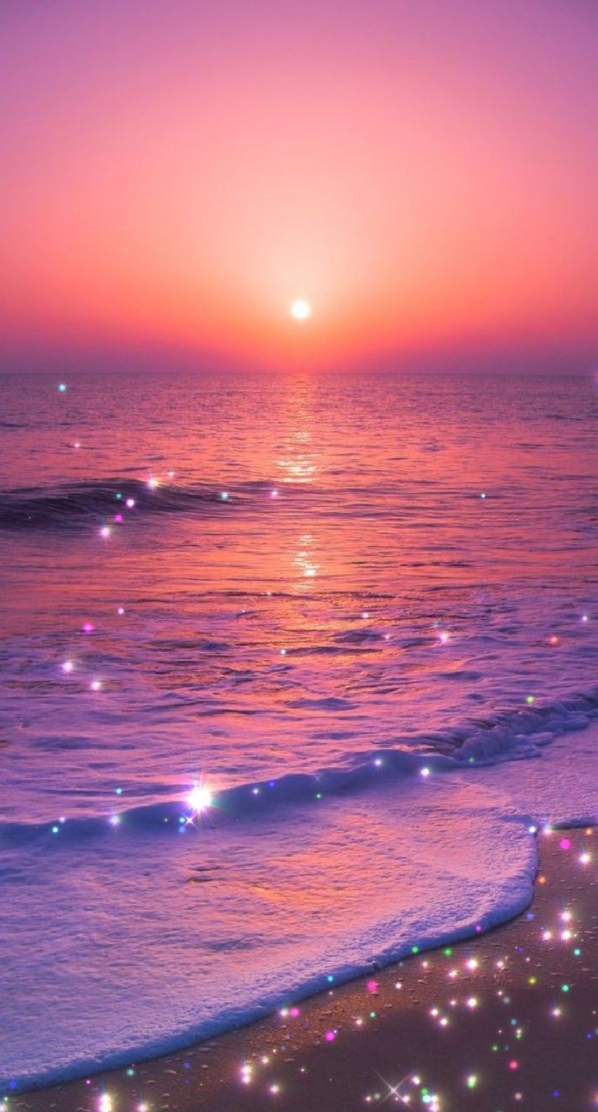 A beach with stars and the sun setting - Sunset, glitter