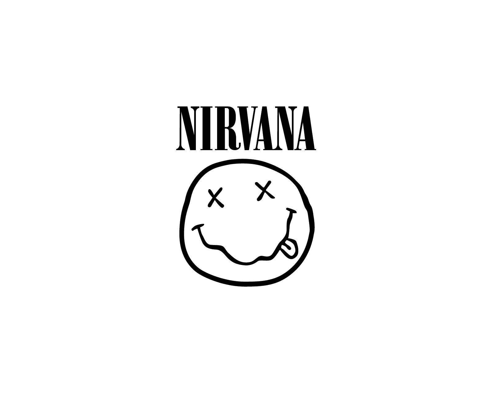 The Nirvana logo, featuring a smiley face with a slight smile and eyes closed, tongue out, and the word Nirvana above it. - Nirvana