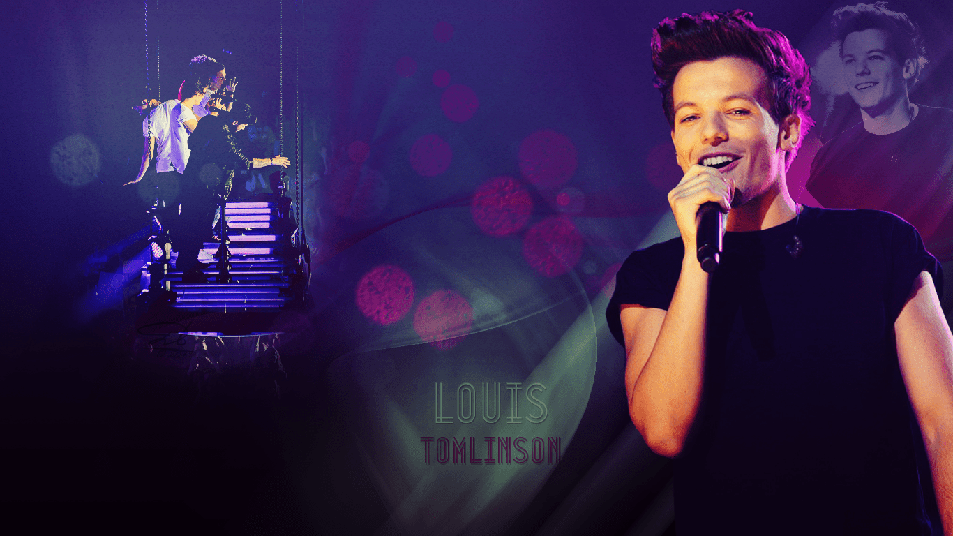 Louis Tomlinson singing on stage in front of a purple and black background - One Direction