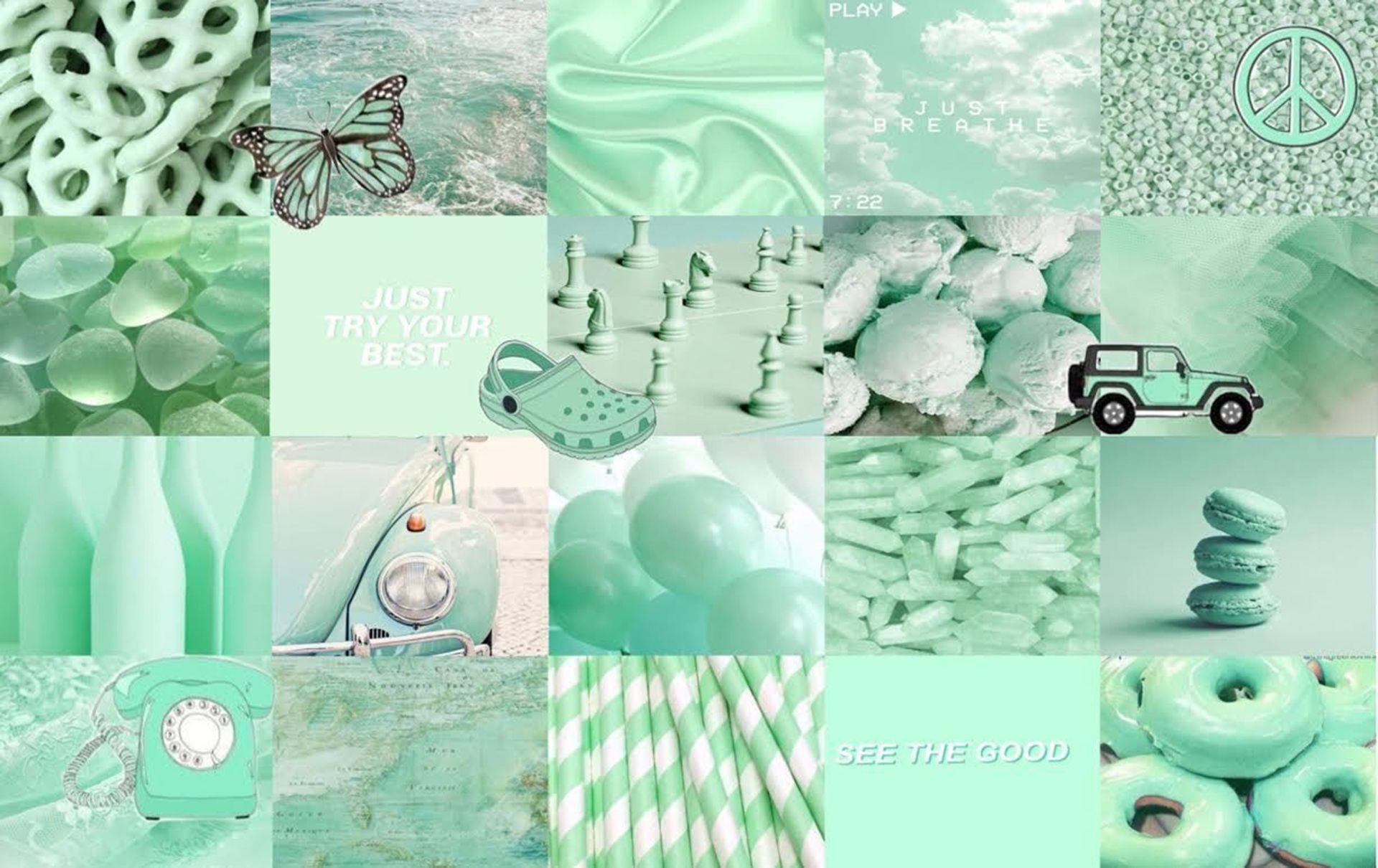 A collage of green and white items - Green, mint green, laptop, teal, pastel, soft green, pastel green, light green, sage green