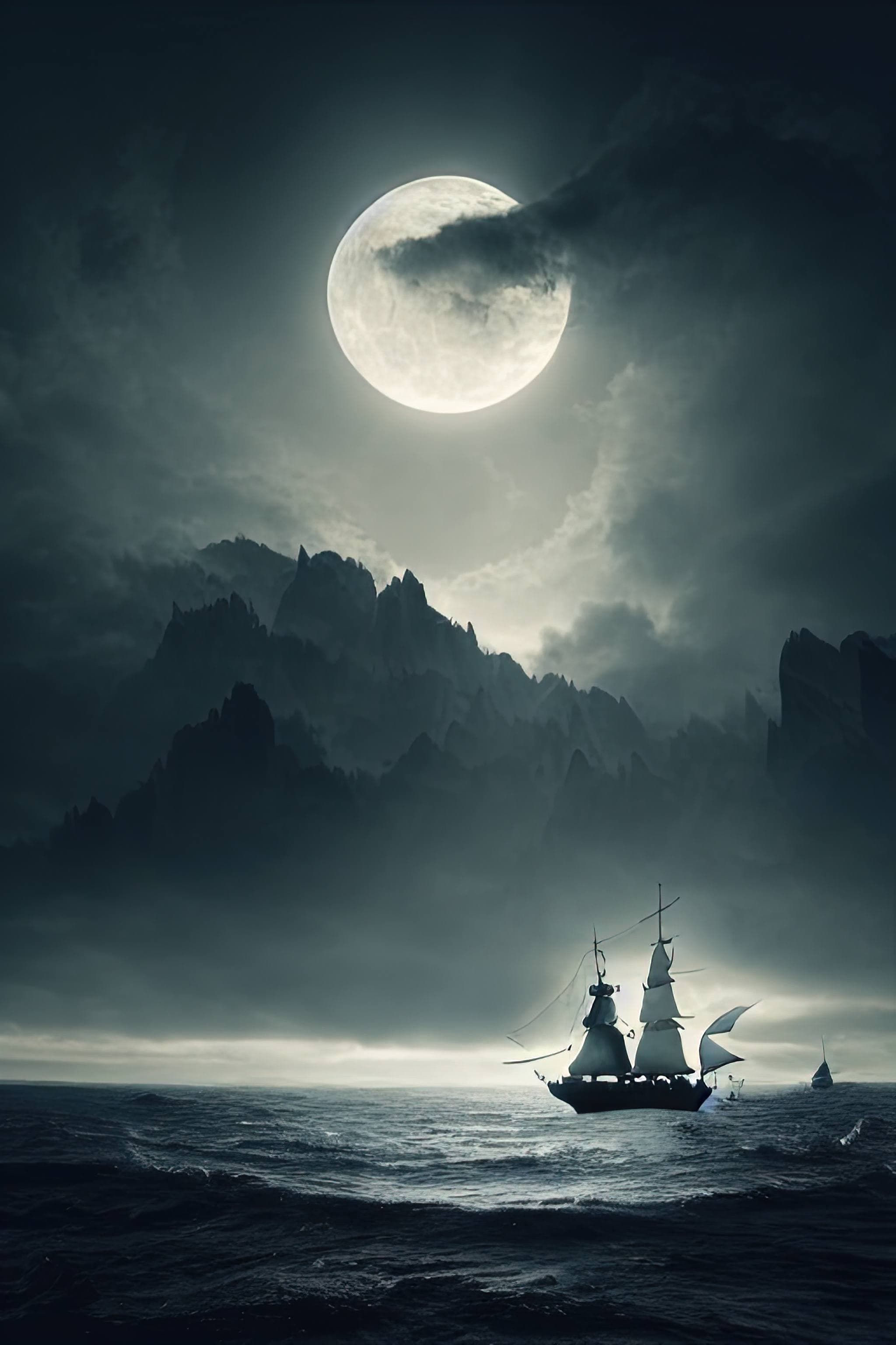 A pirate ship in the water with a moon in the background