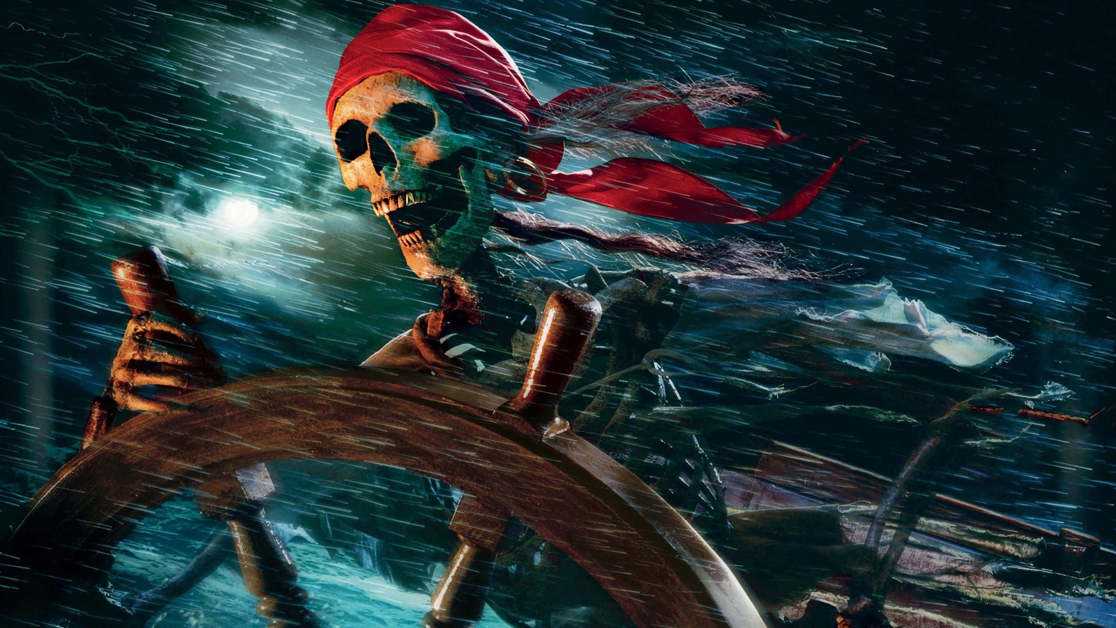 A skeleton with a red bandana on its head is steering a ship - Pirate