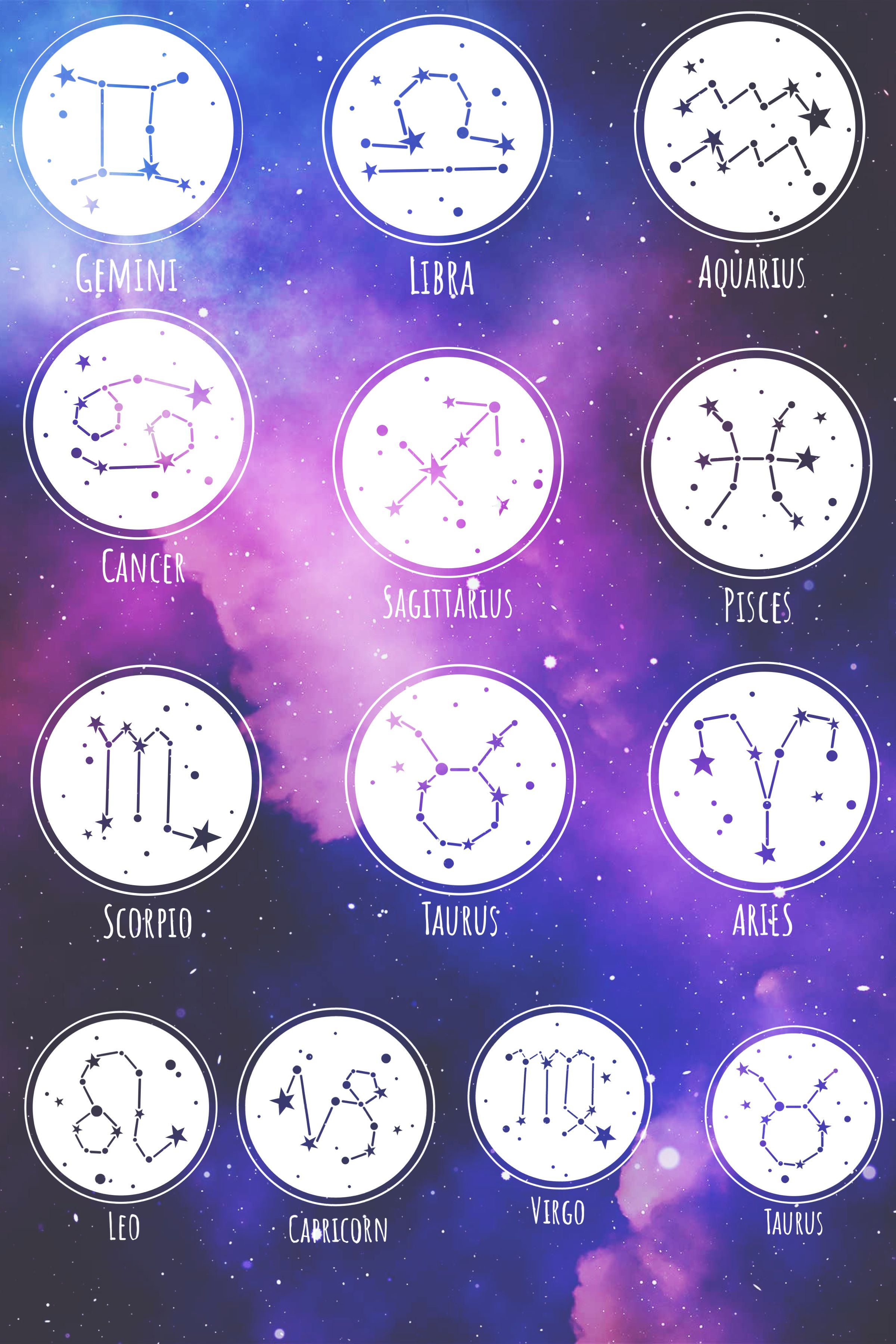Zodiac signs are represented by constellations in the night sky. - Cancer, Leo, Capricorn, Aquarius, Sagittarius, Libra