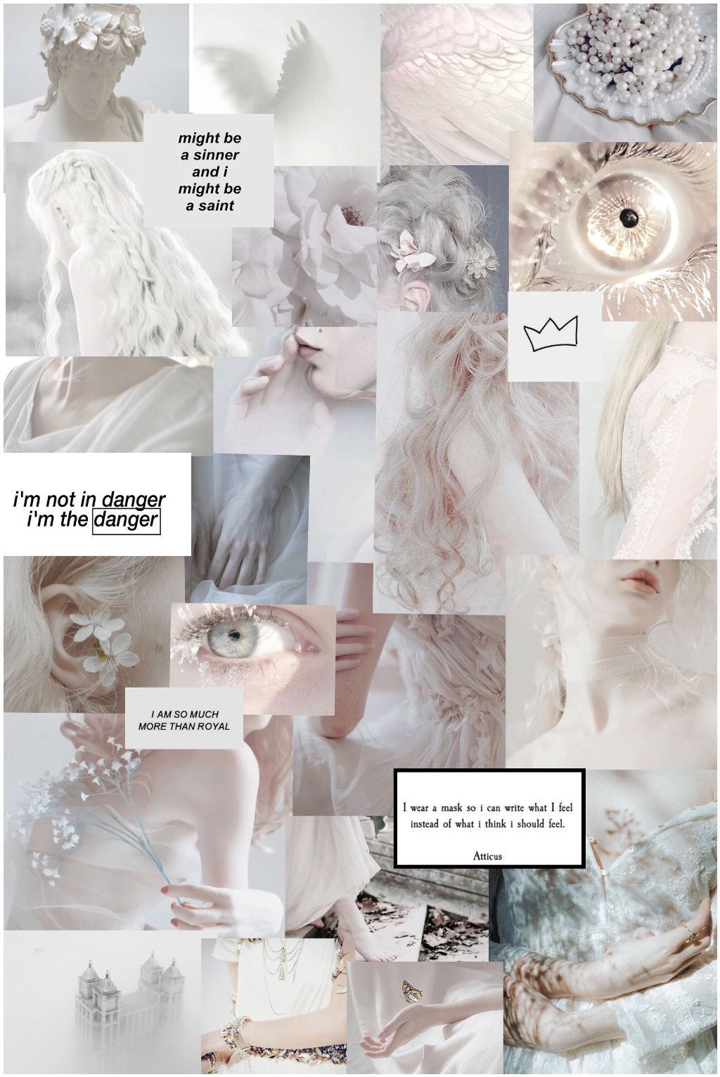 Aesthetic collage of white and silver images including angels, a crown, and a quote from the novel 