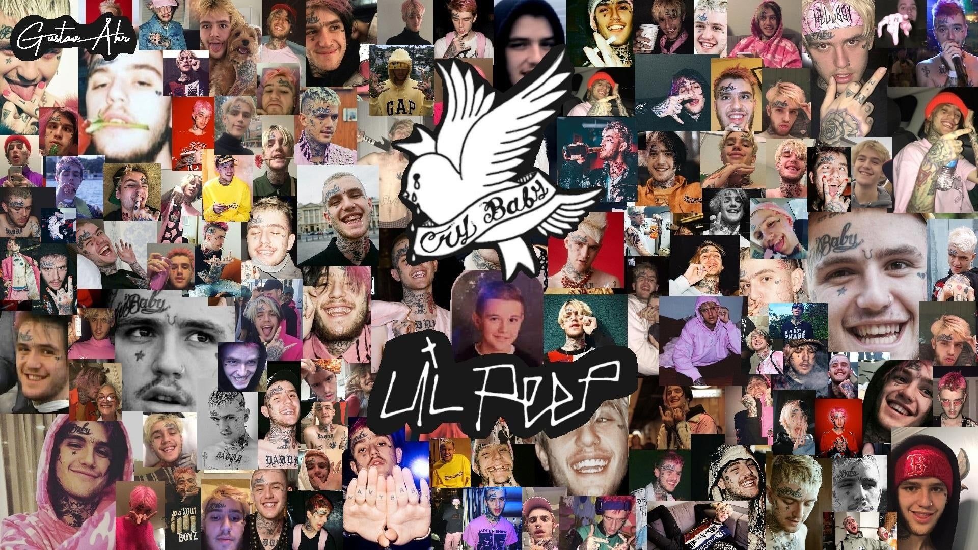 A collage of many different faces with the words person - Lil Peep