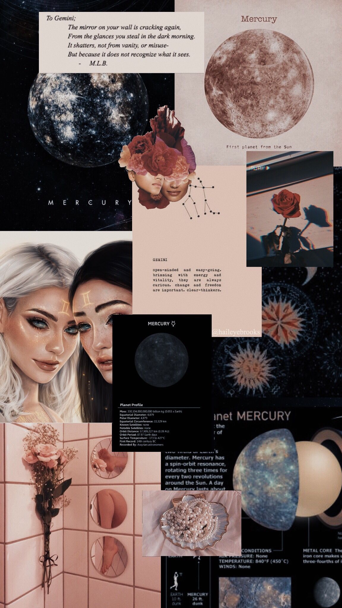 Collage of images of the planet Mercury, a moon, and two women with blonde hair - Gemini