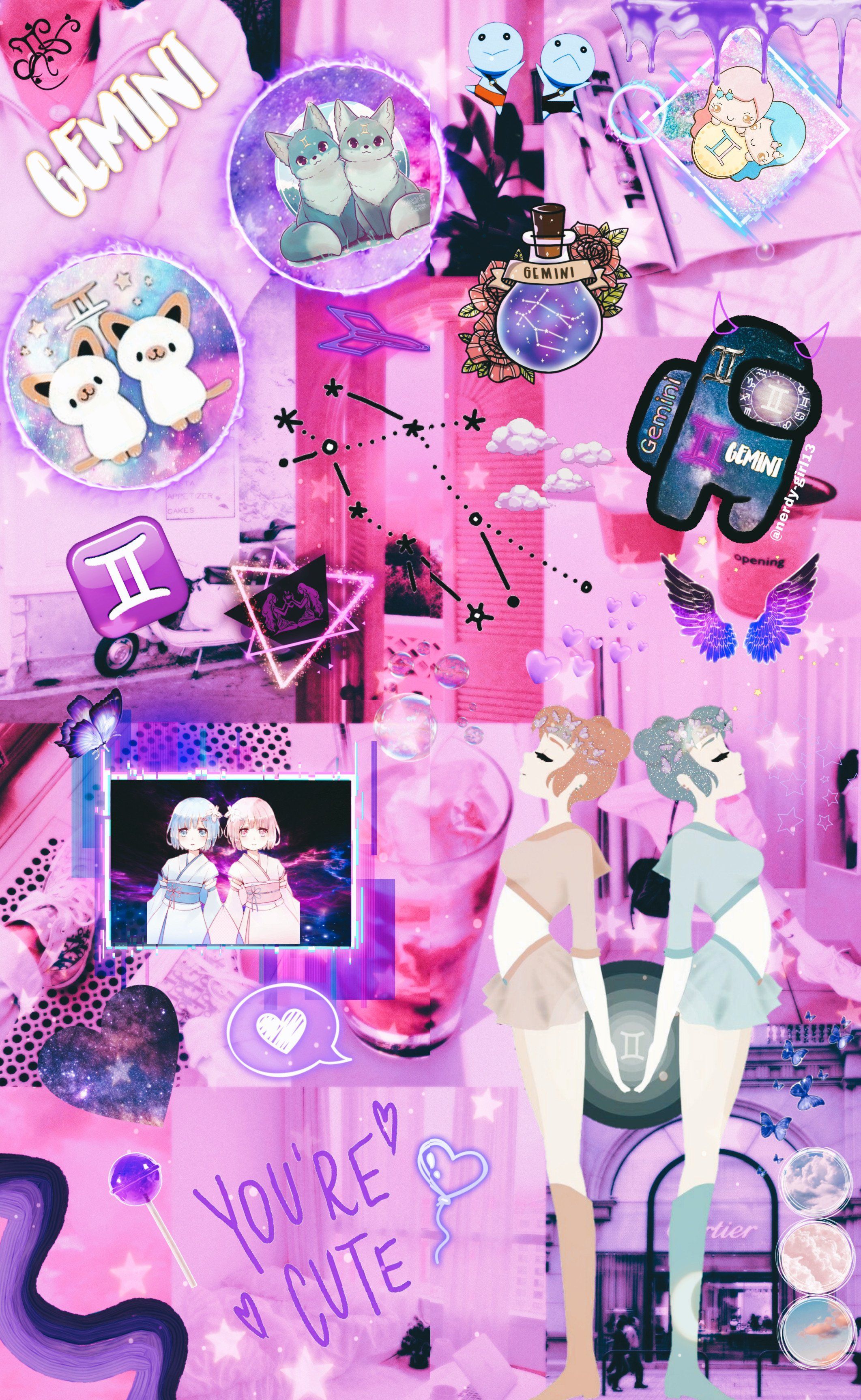 Aesthetic wallpaper for phone with pink background and various pictures of g e m i a n a s a n d p u p s - Gemini