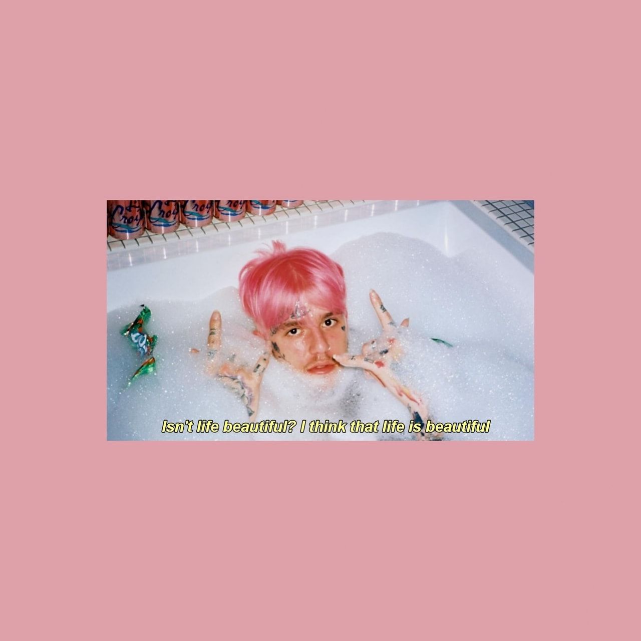 A pink haired boy in a bubble bath with the words 