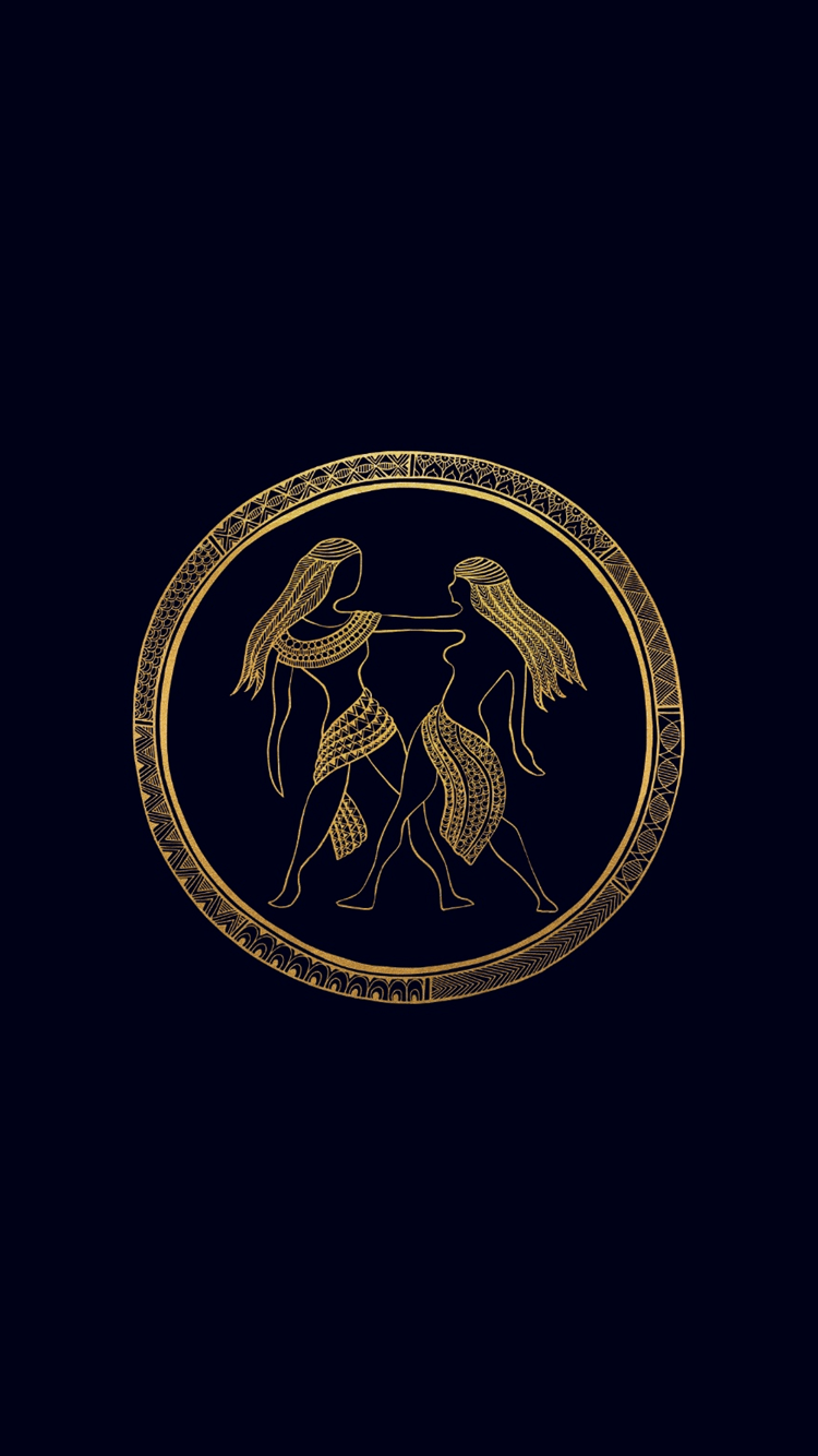 A gold circle on a black background with two women - Gemini