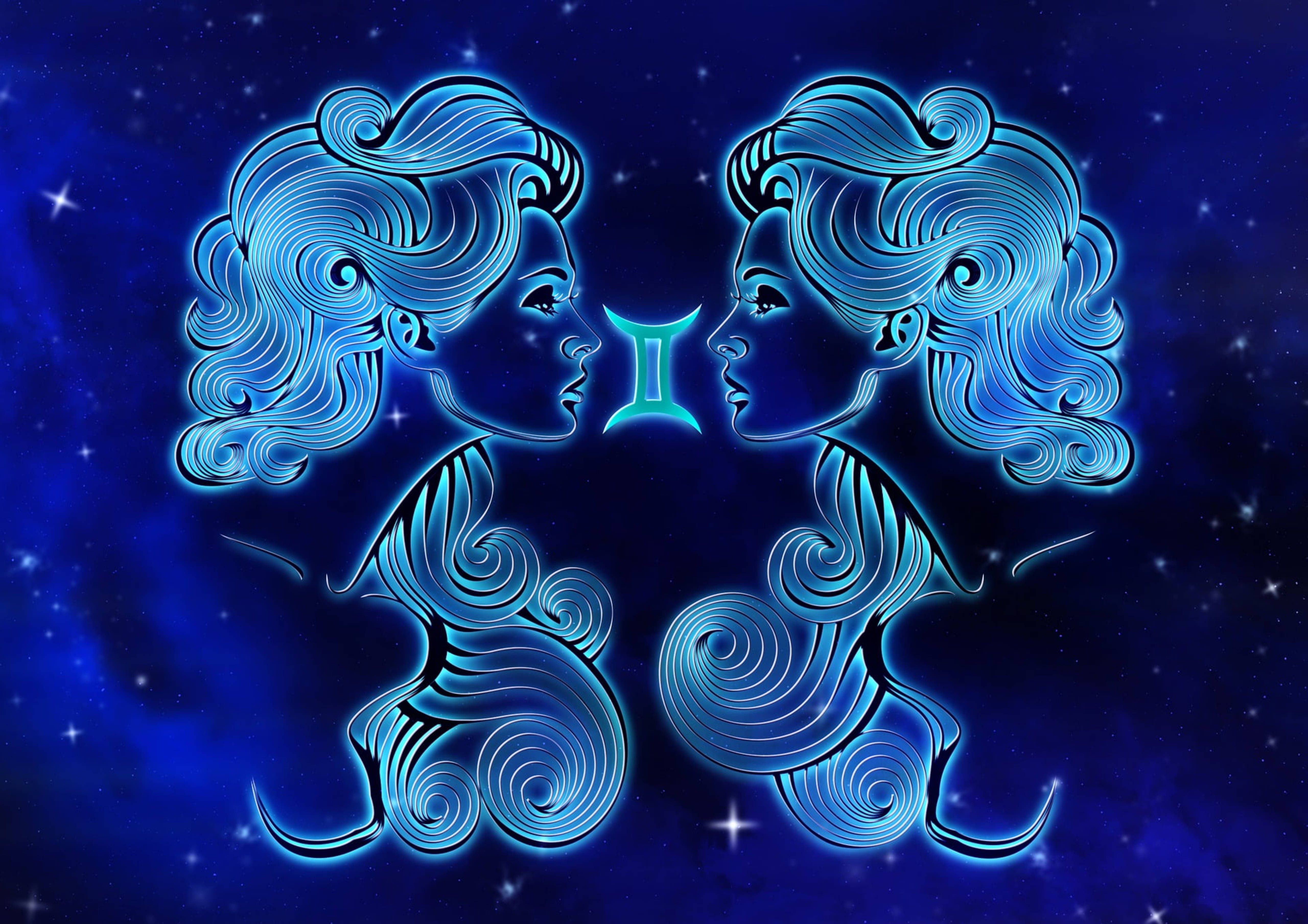 The zodiac sign of virgo is shown in a blue and purple background - Gemini