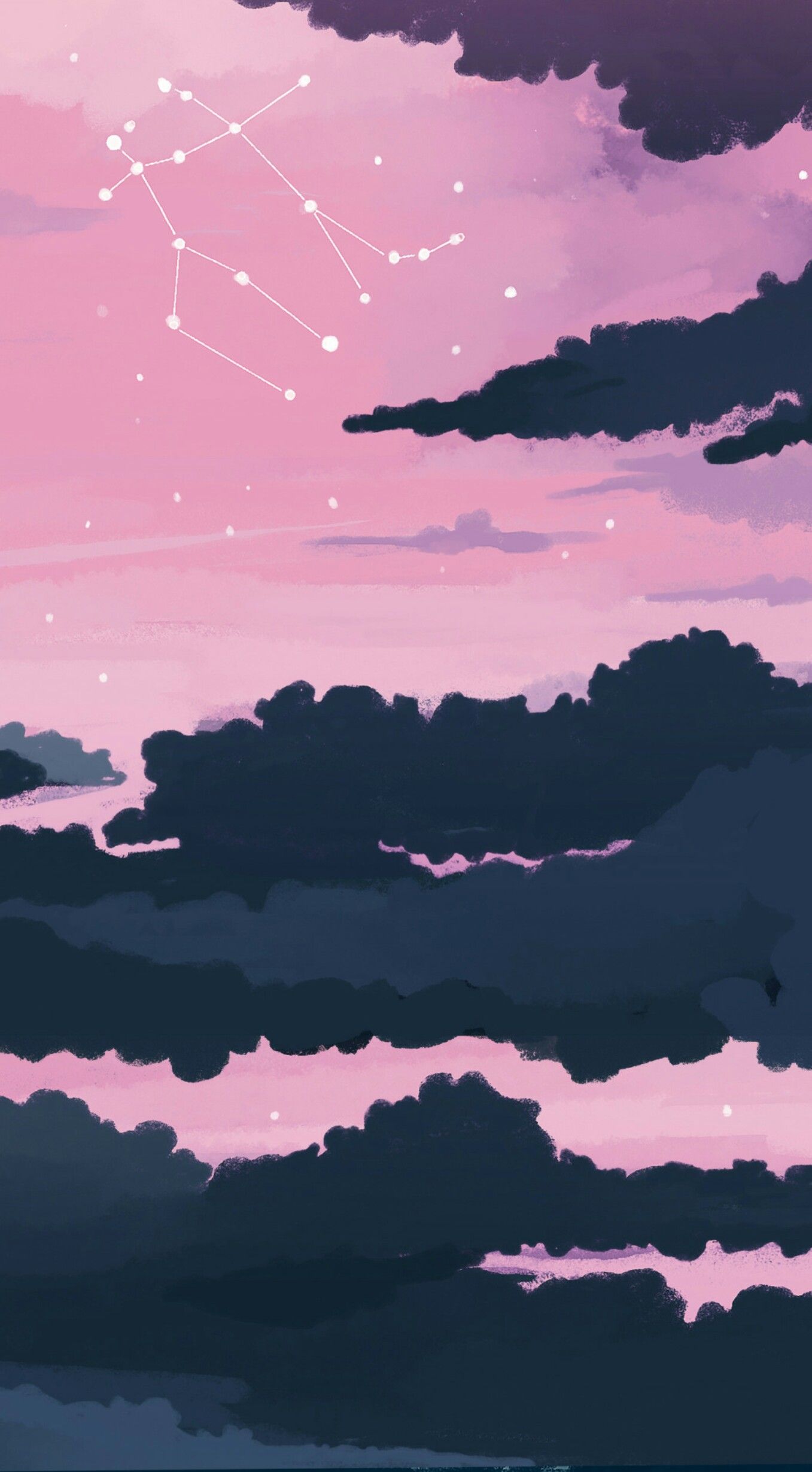 Aesthetic background of a pink sky with clouds and a zodiac sign - Gemini