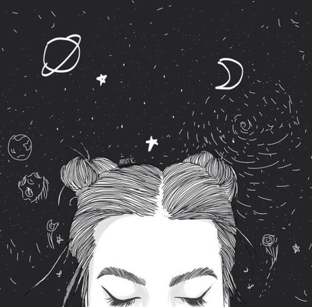 An illustration of a woman with her eyes closed and stars and planets around her head. - Gemini