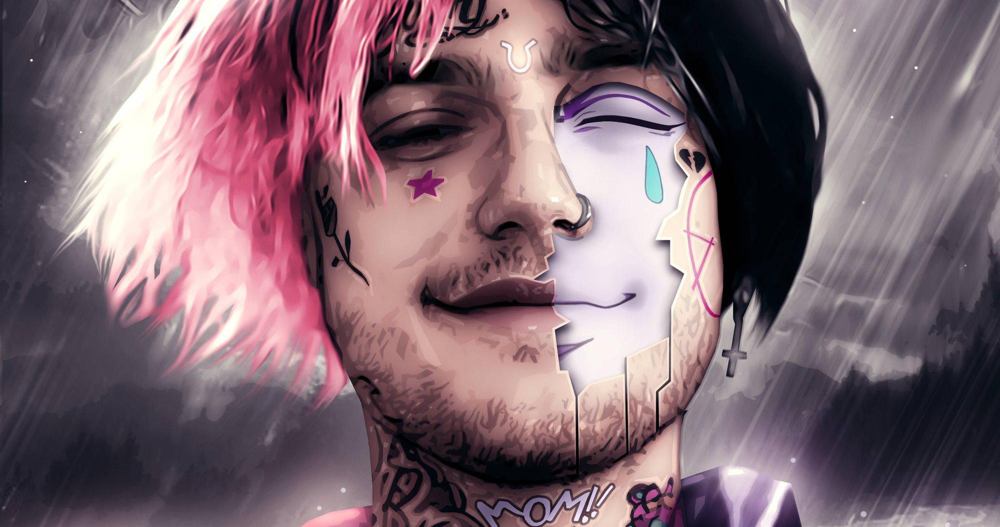 Lil Peep, 2018, 4k, wallpaper, portrait, pink hair, tattoos, eyes, no makeup - Lil Peep