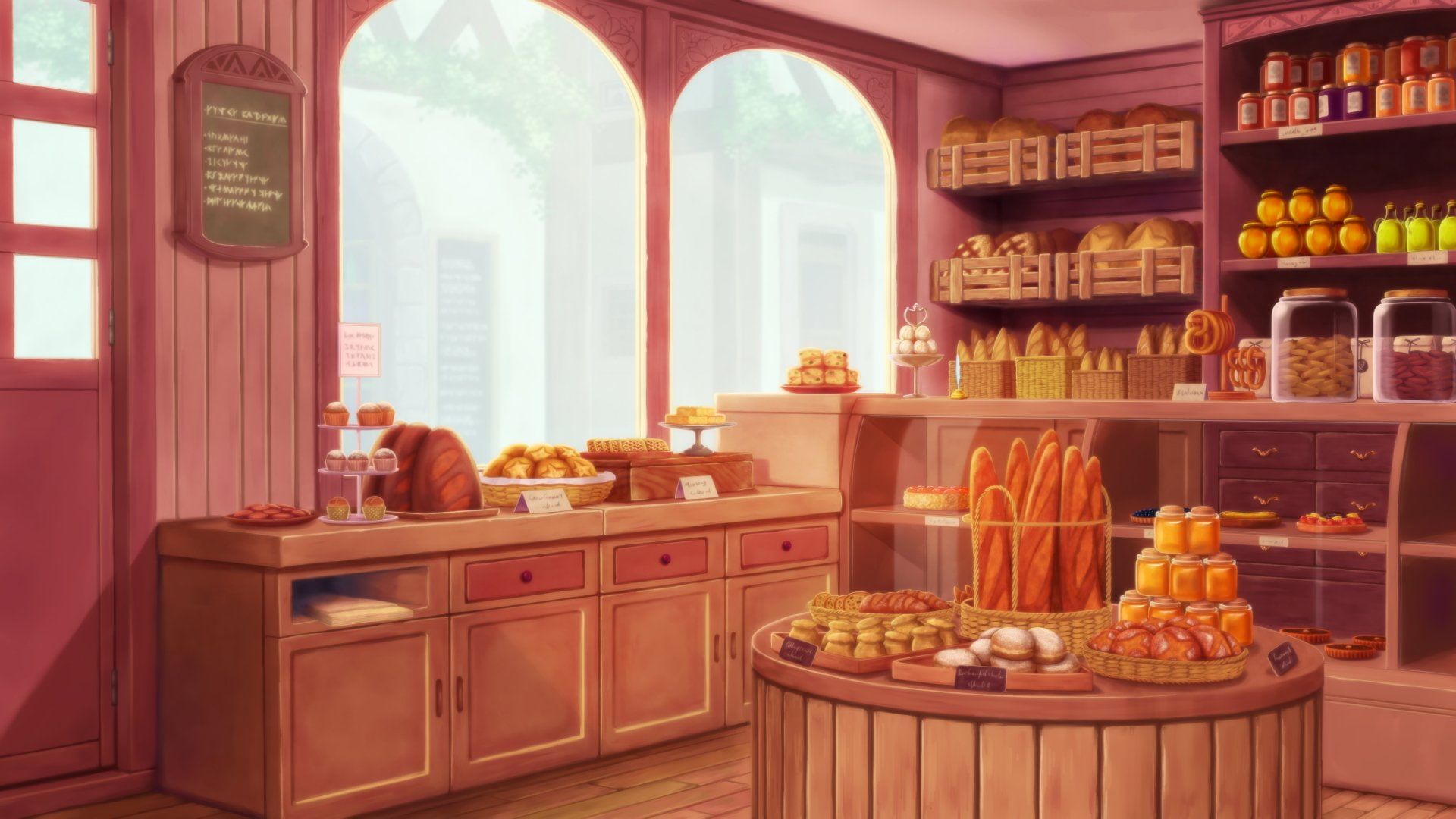 An illustration of a bakery with shelves of pastries and a counter - Bakery