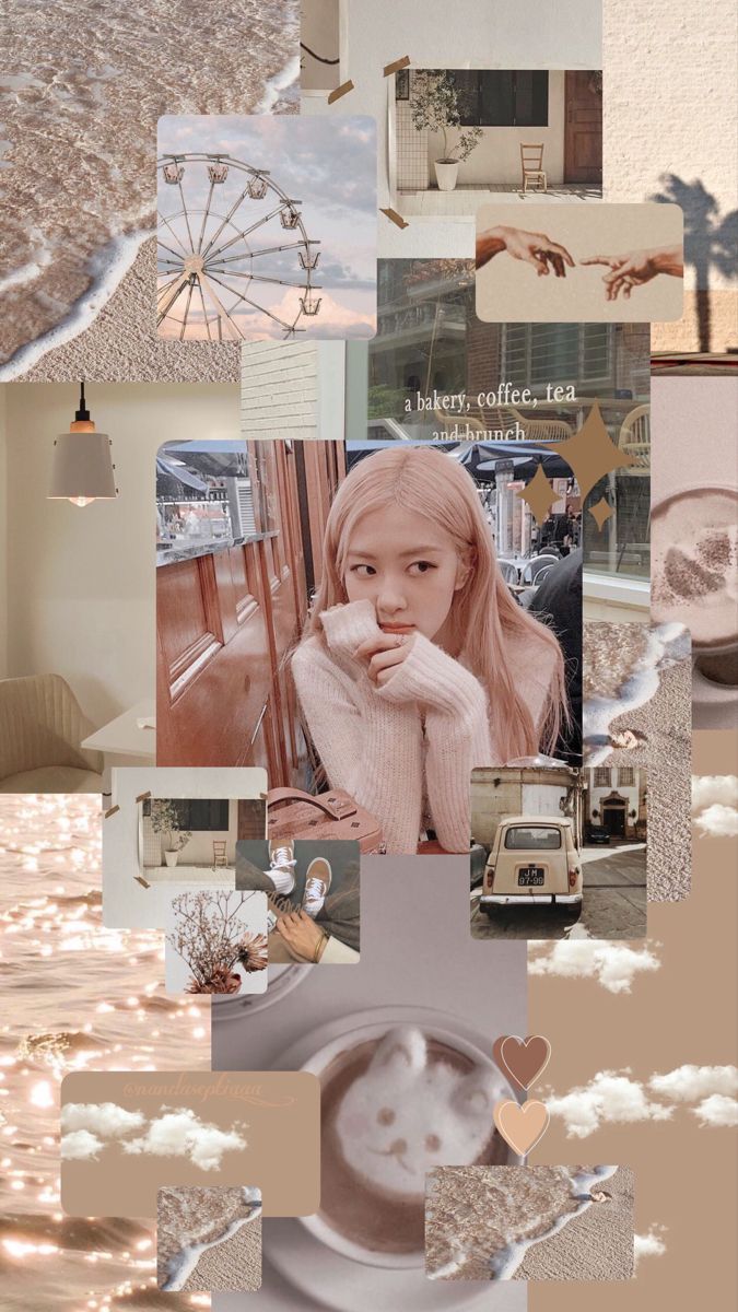 Aesthetic background collage of pink haired girl, ferris wheel, and latte. - Bakery