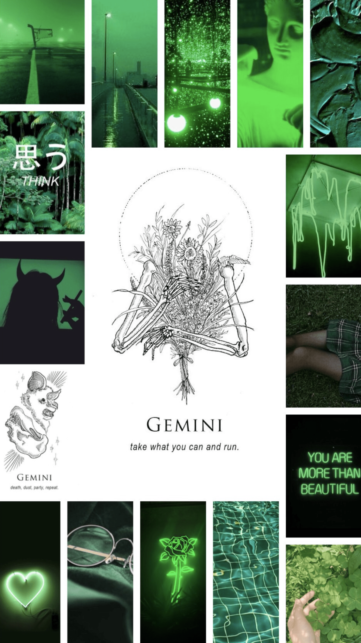 A collage of dark green aesthetic images with the word 