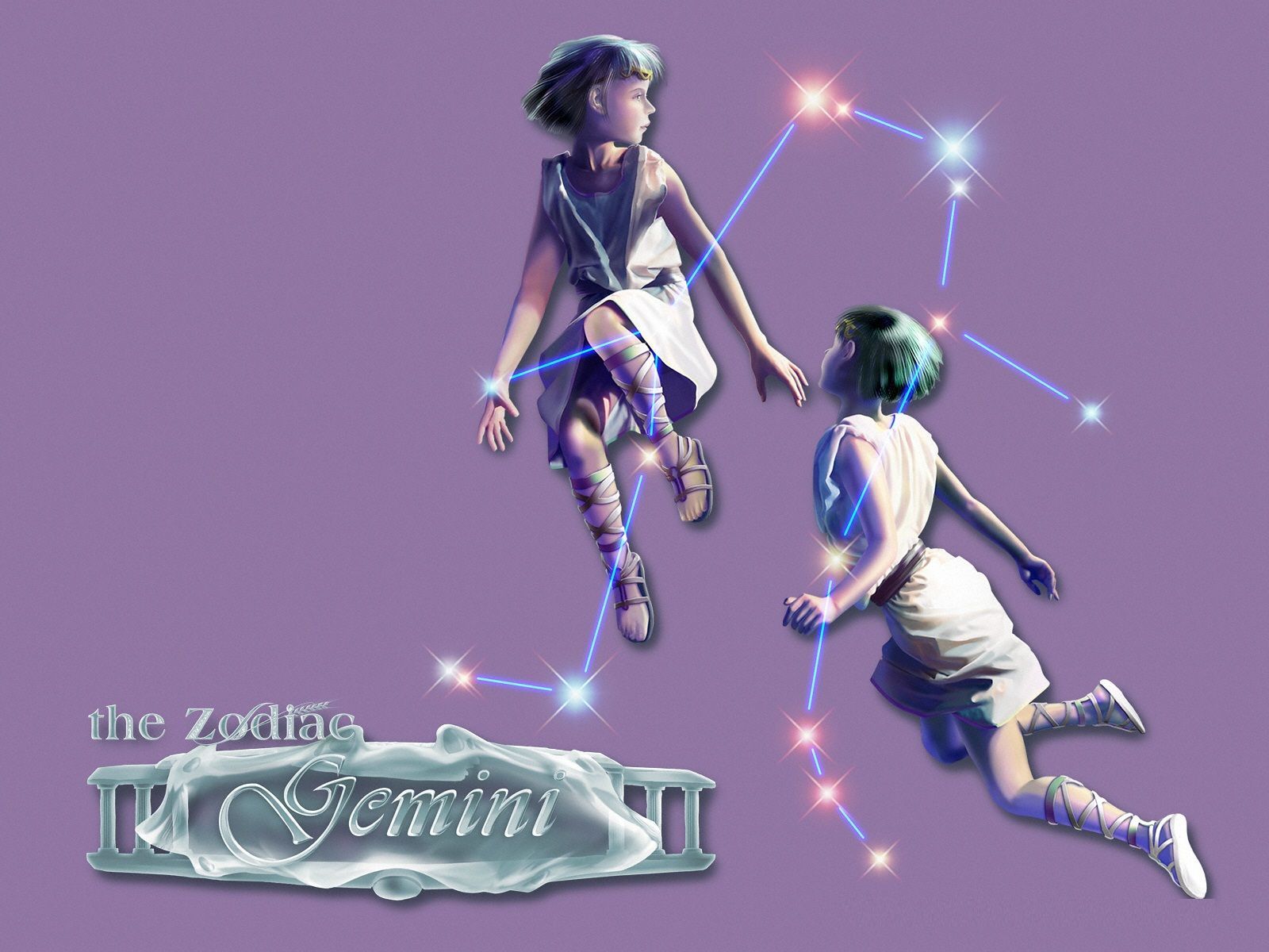 A girl with blue hair is jumping with her arms outstretched, in front of a purple background with the zodiac sign of Gemini. - Gemini